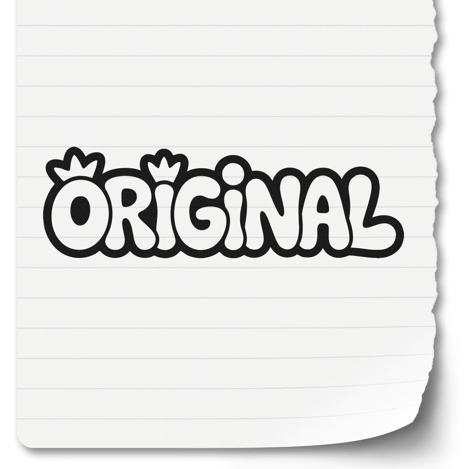 Black ORIGINAL stamp seal in bubbly lettering on white lined paper with torn edge.