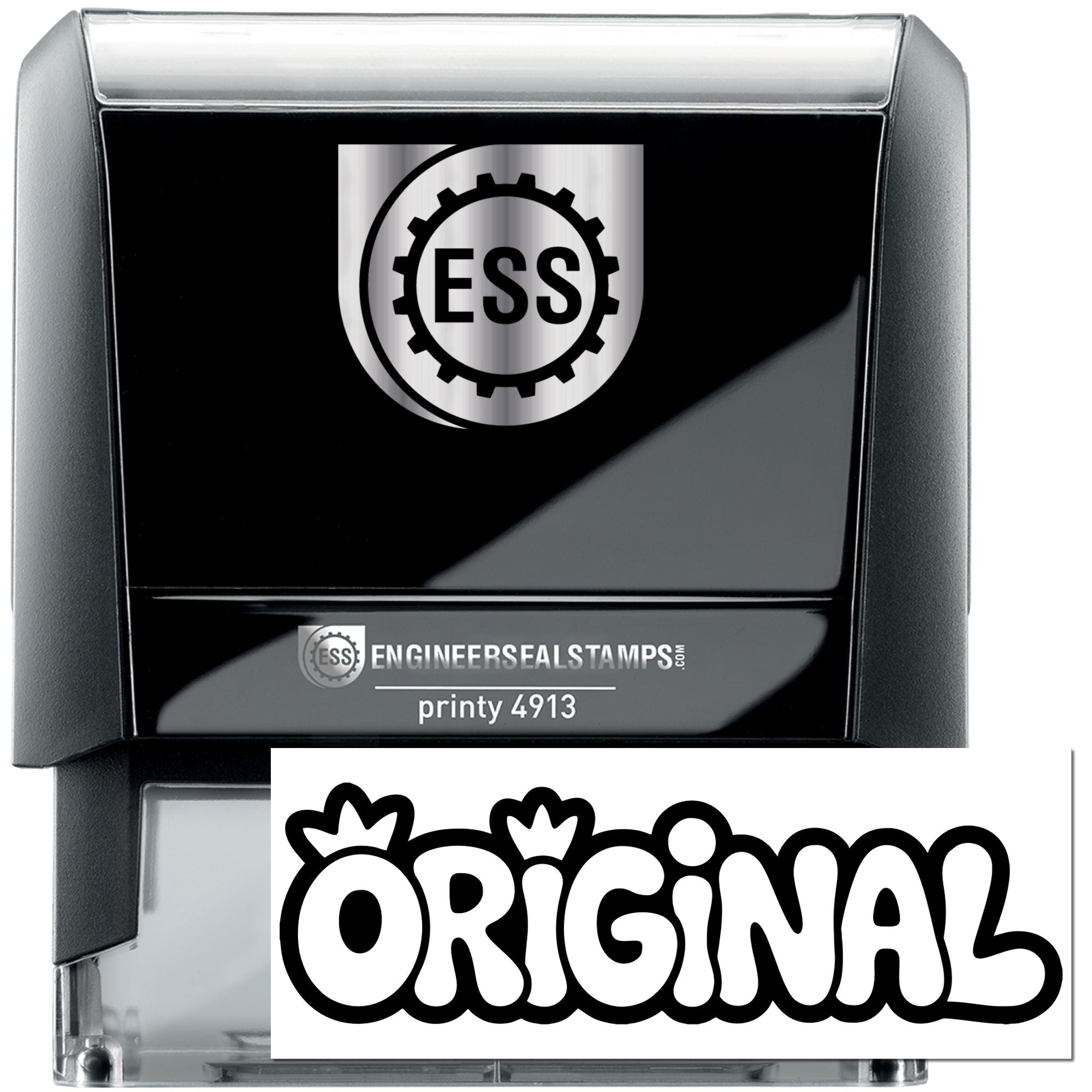 Black self-inking stamp and seal with silver top, ESS logo, and bold white ORIGINAL imprint.