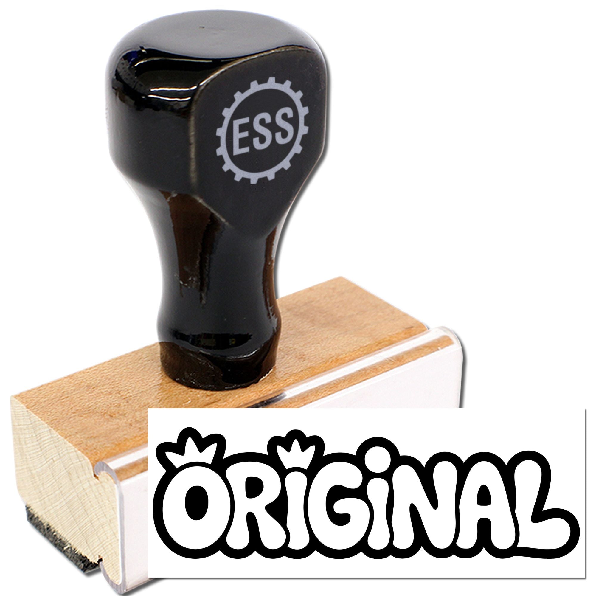 Black ESS rubber stamp with wooden handle and clear base, beside bold black ORIGINAL seal impression.