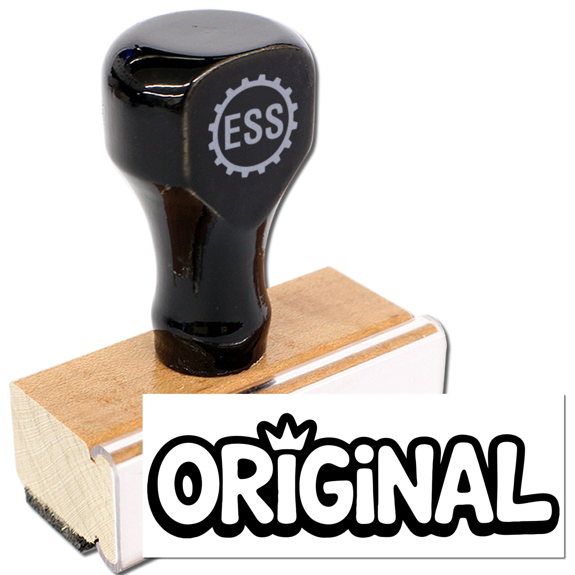 Black ESS rubber stamp and seal with wooden base, showing bold black-and-white ORIGINAL impression