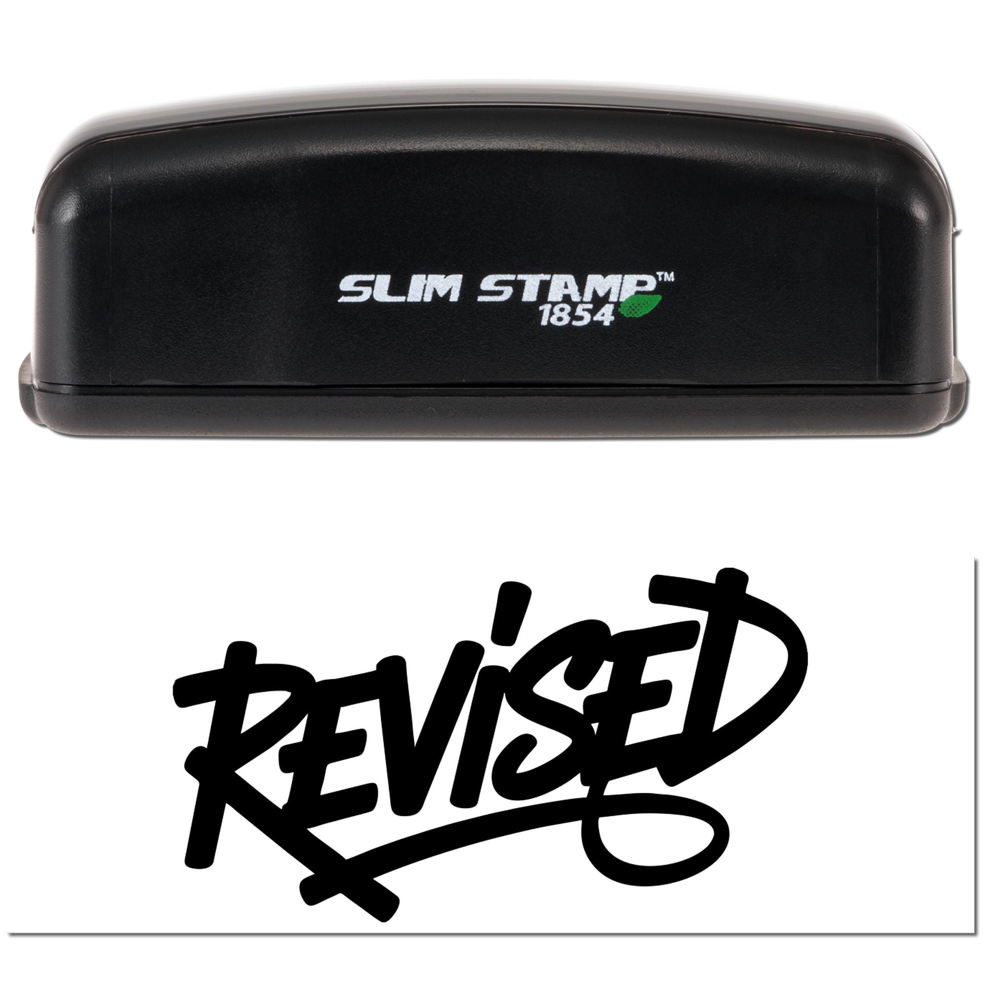 Black Slim Stamp 1854 with green leaf logo above a bold black Revised seal imprint on white background.