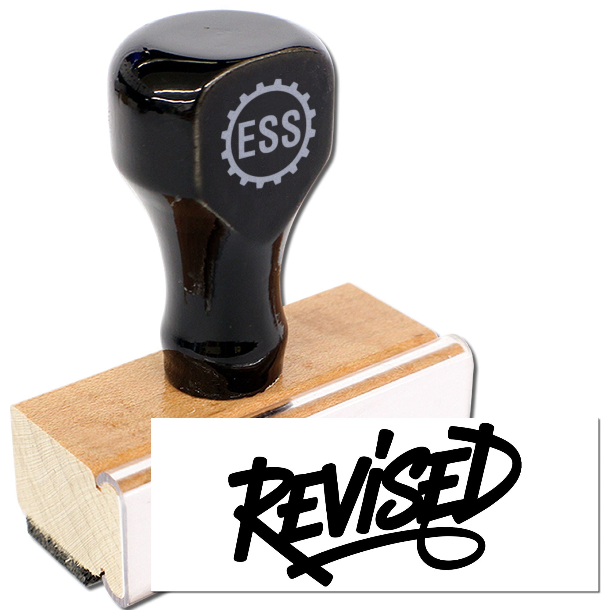 Black stamp seal with wooden base, ESS logo, and bold REVISED imprint on a white label.