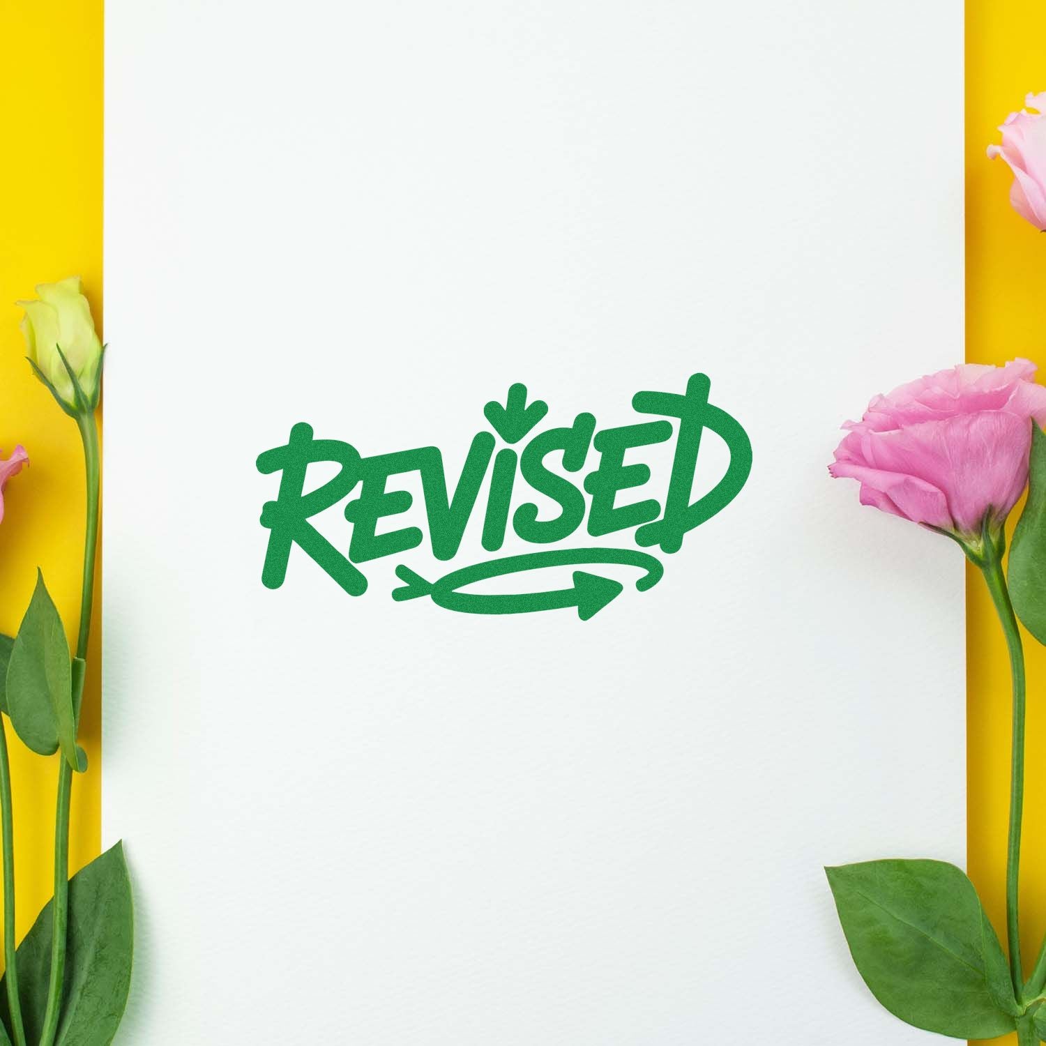 Green REVISED stamp seal on white paper, framed by pink and yellow flowers against a bright yellow background.