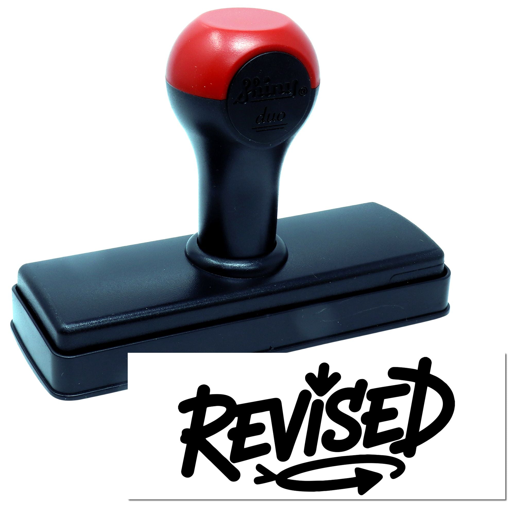 Red and black self-inking company seal stamp with Revised imprint