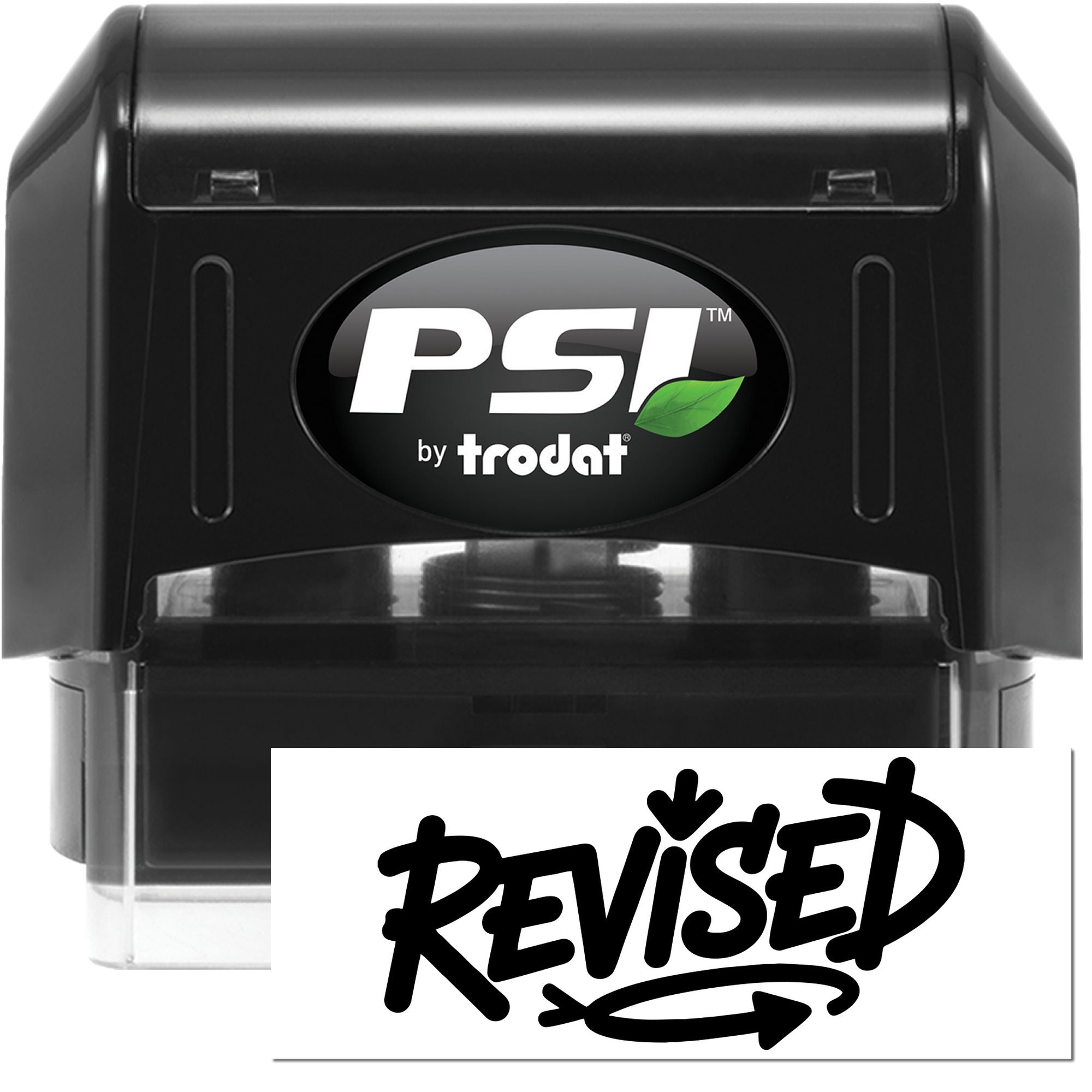 Black PSI by Trodat self-inking stamp with clear case and bold Revised seal imprint.