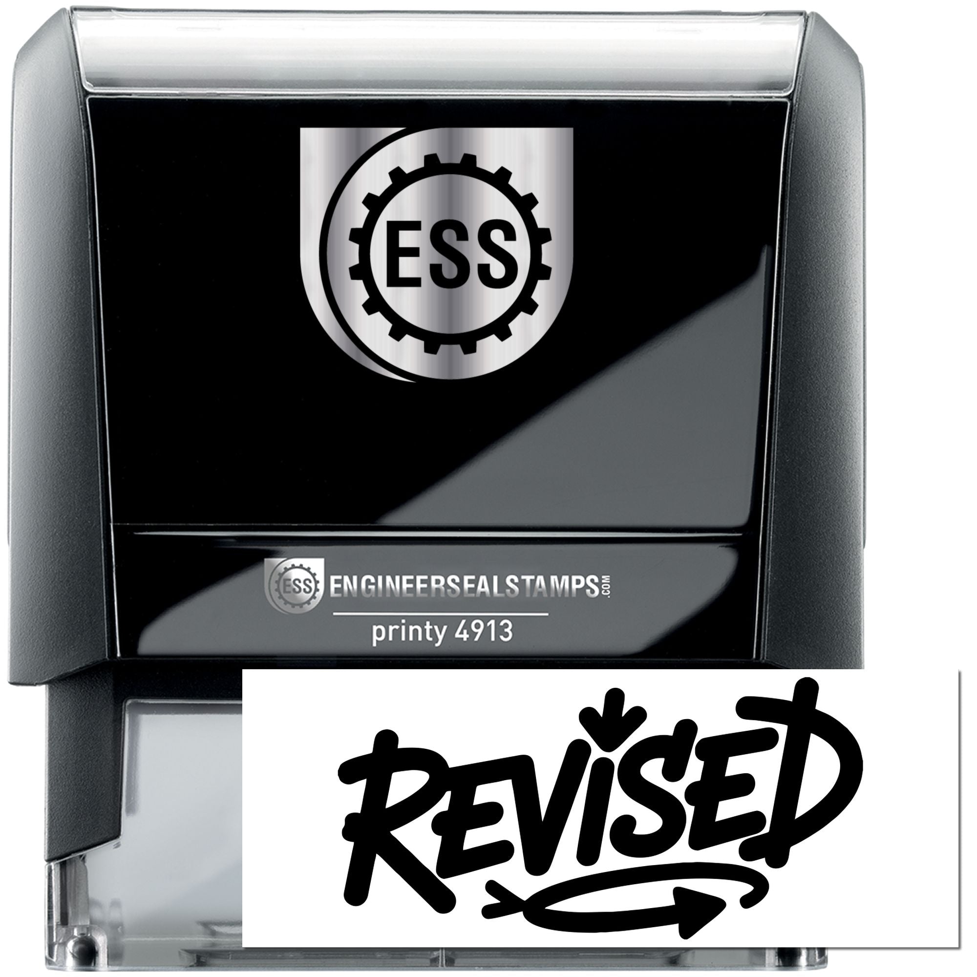 Black and silver ESS self-inking engineer seal stamp with Revised imprint
