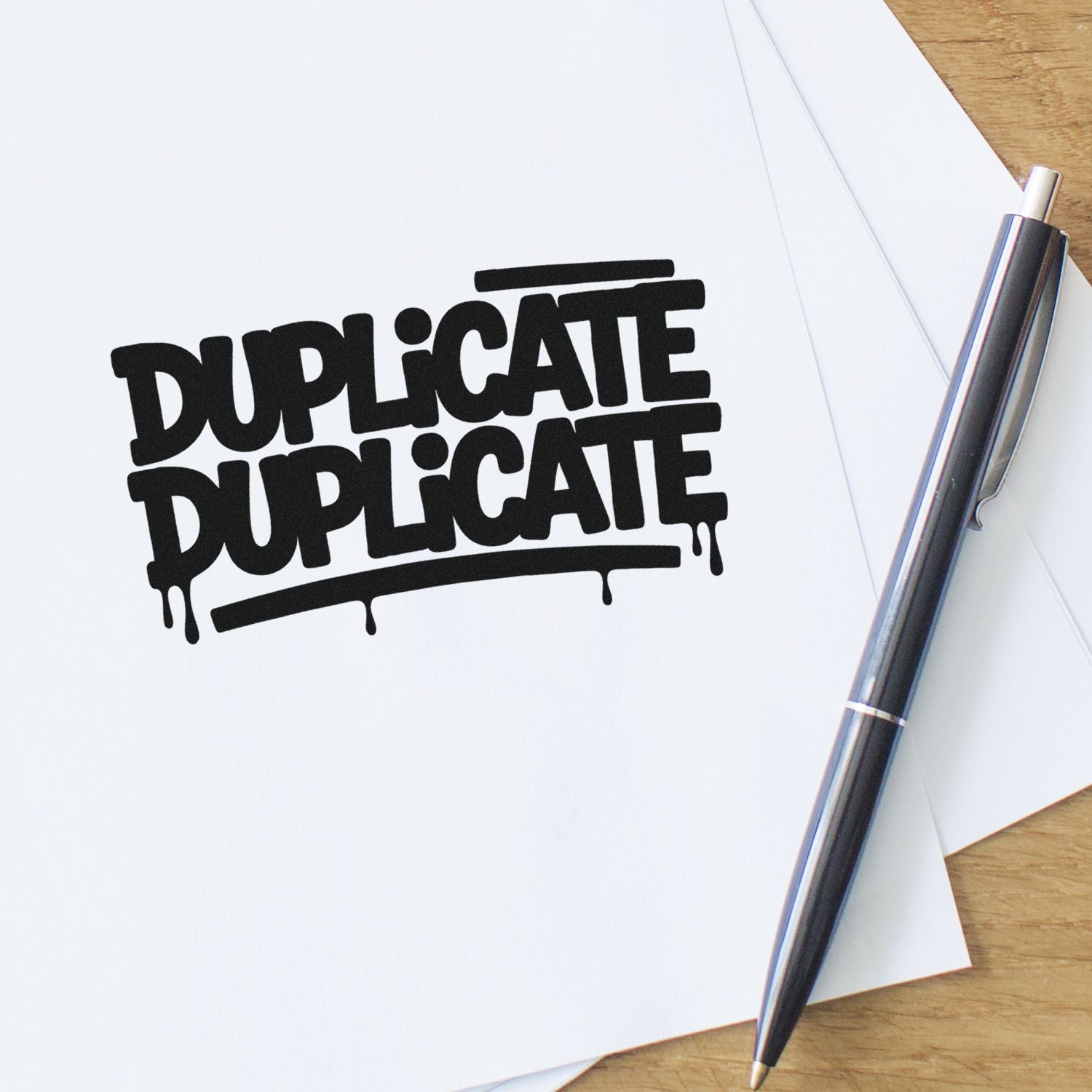Black duplicate stamp and seal imprint on white paper, with a silver-and-black pen on a wooden desk.