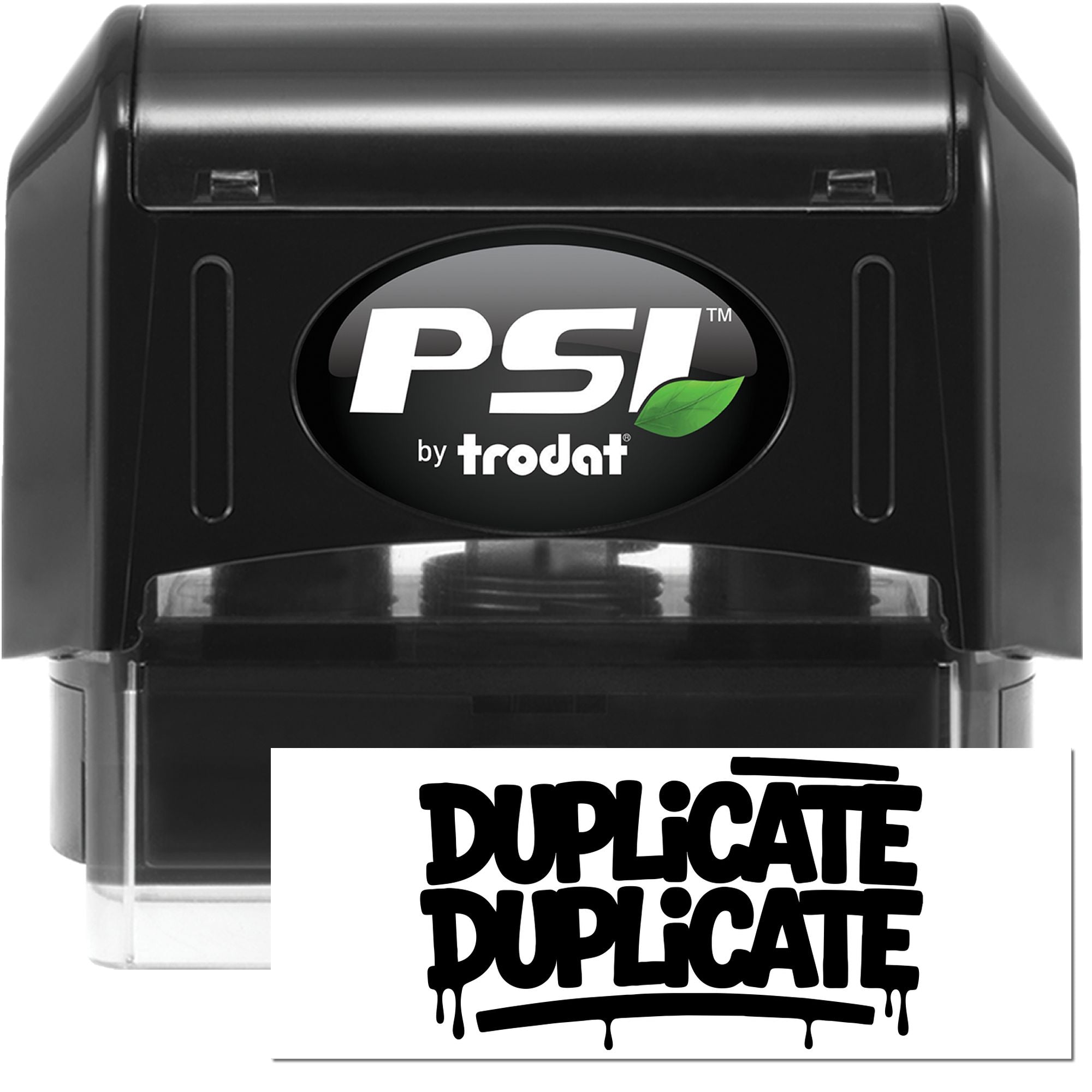 Black PSI by Trodat self-inking stamp with duplicate seal imprint, clear casing, and white background.