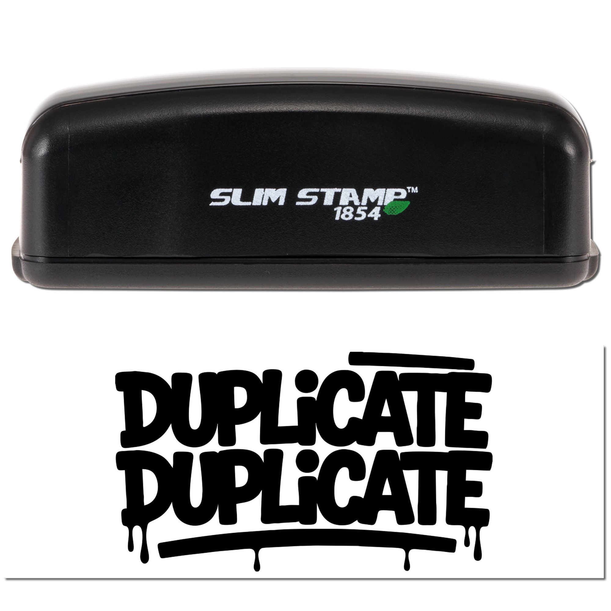 Black Slim Stamp 1854 self-inking stamp with bold DUPLICATE seal impression on white background