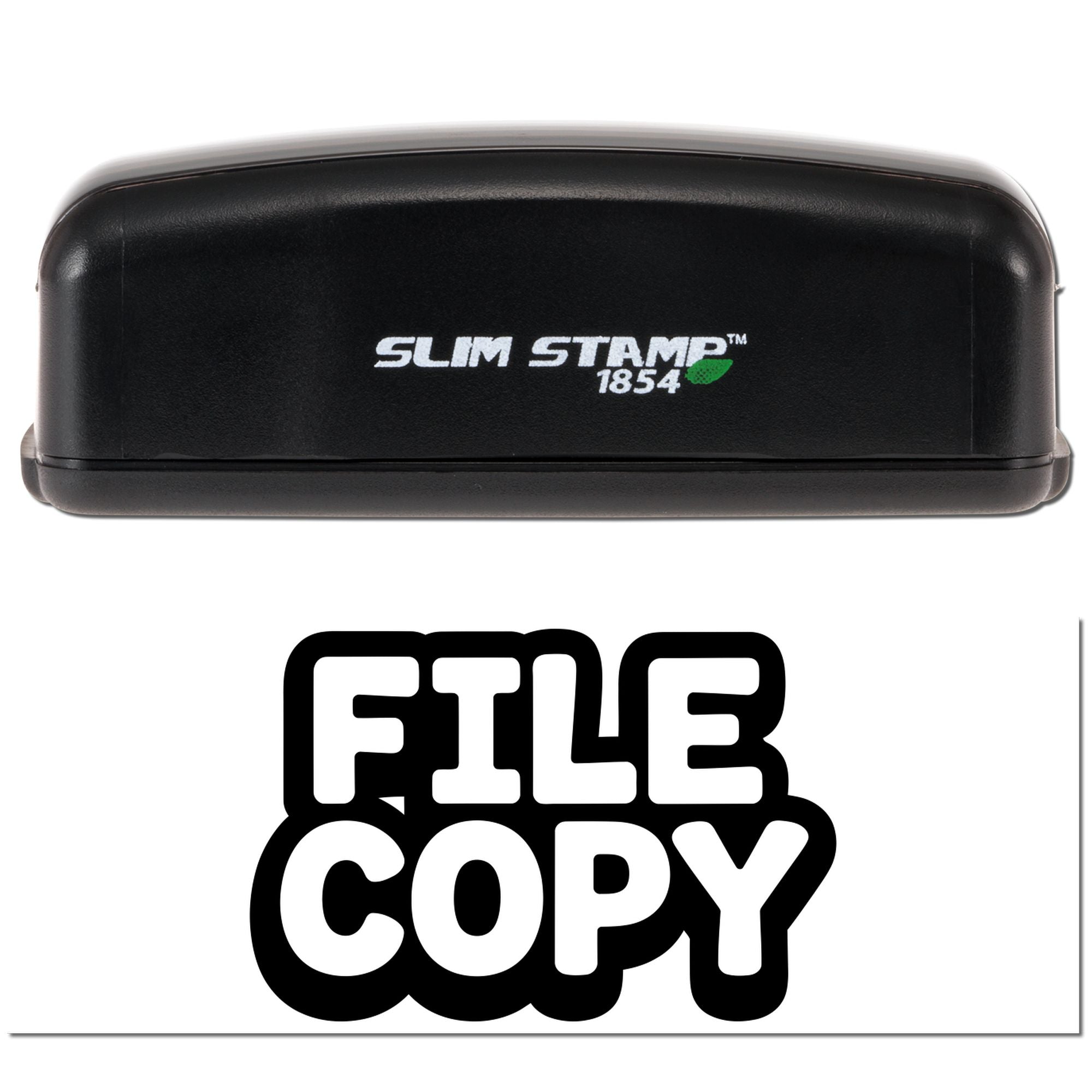 Black Slim Stamp 1854 self-inking stamp and seal with bold FILE COPY lettering on white background.