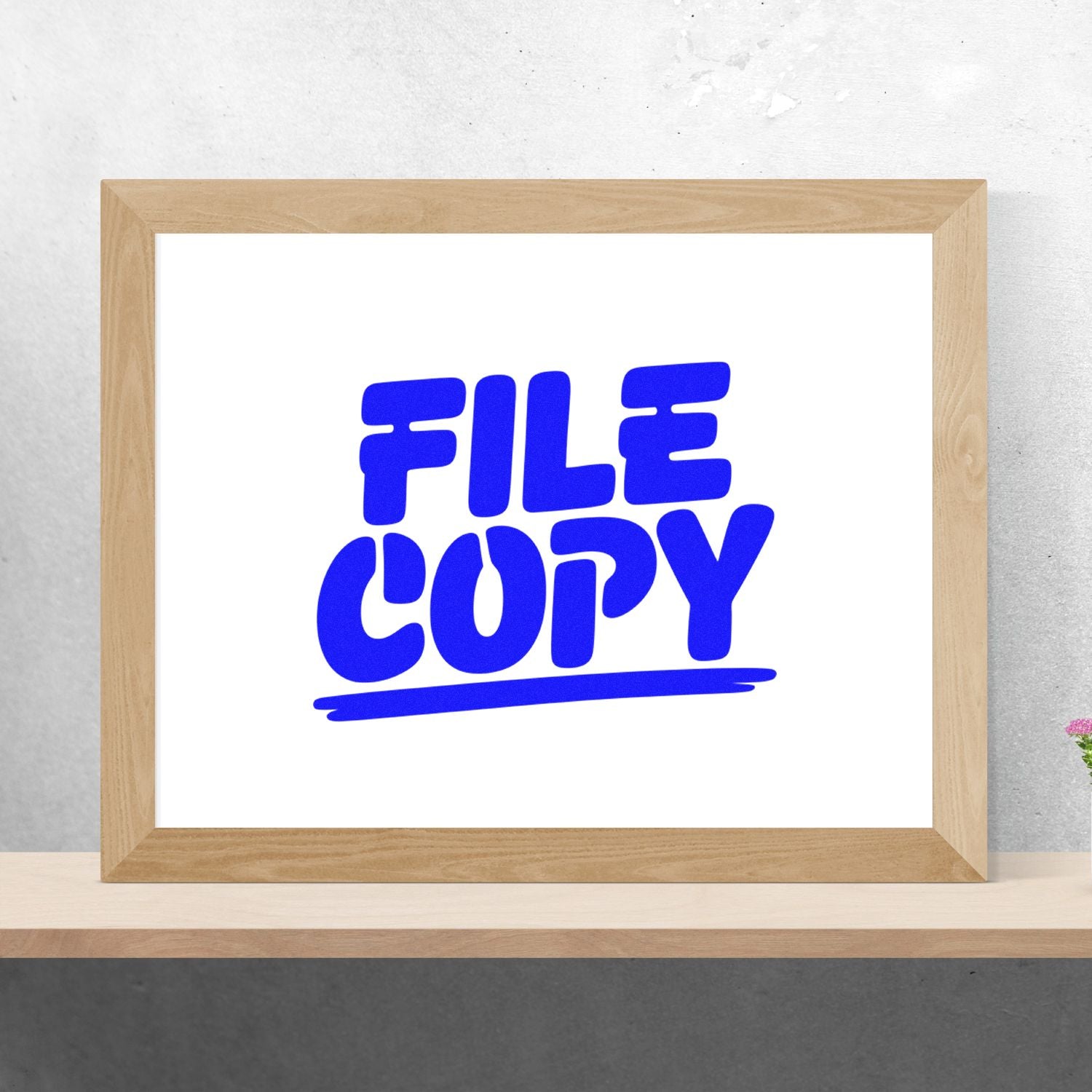 Wooden-framed white stamp sheet with bold blue FILE COPY seal and underline.