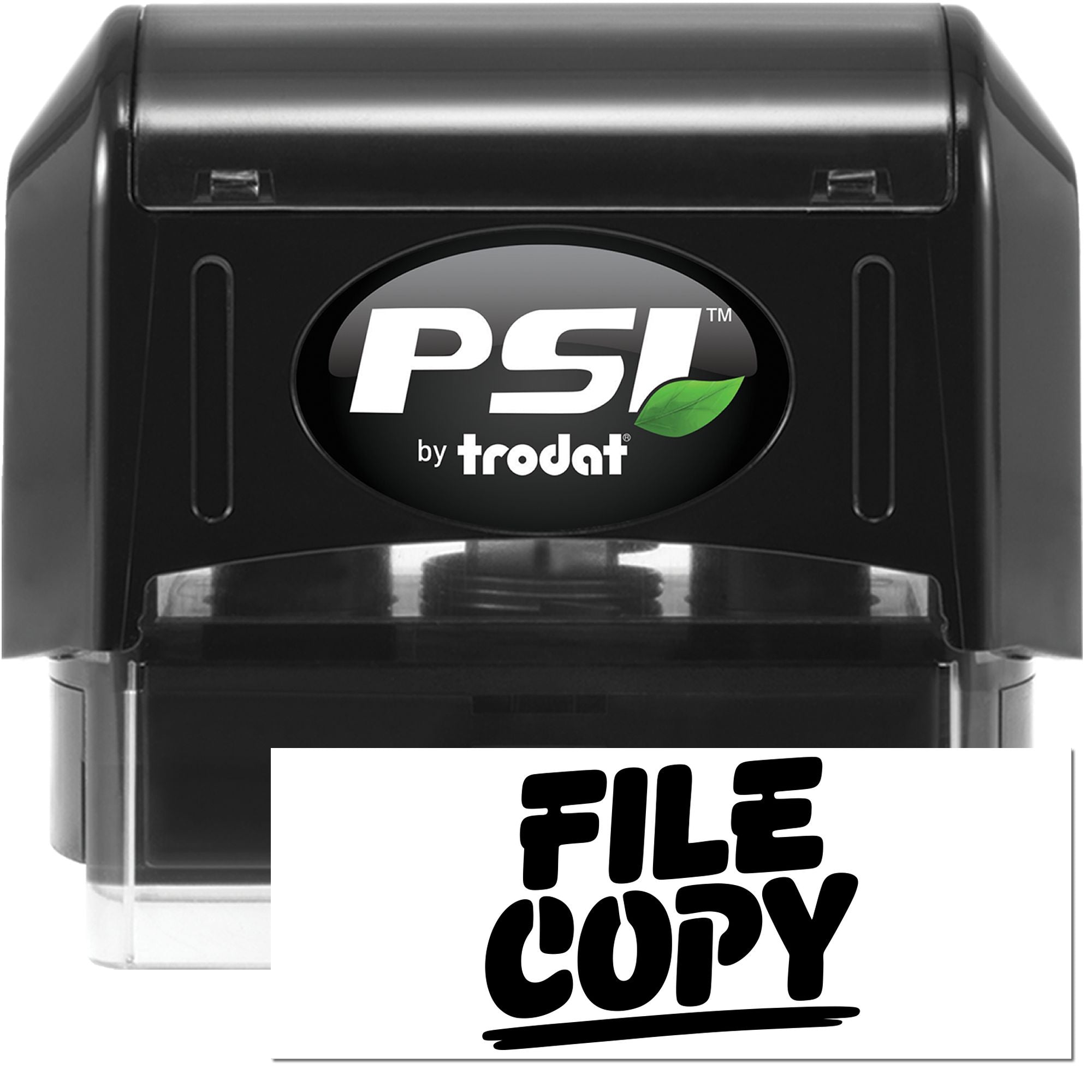 Black PSI by Trodat self-inking stamp and seal with bold black FILE COPY imprint.