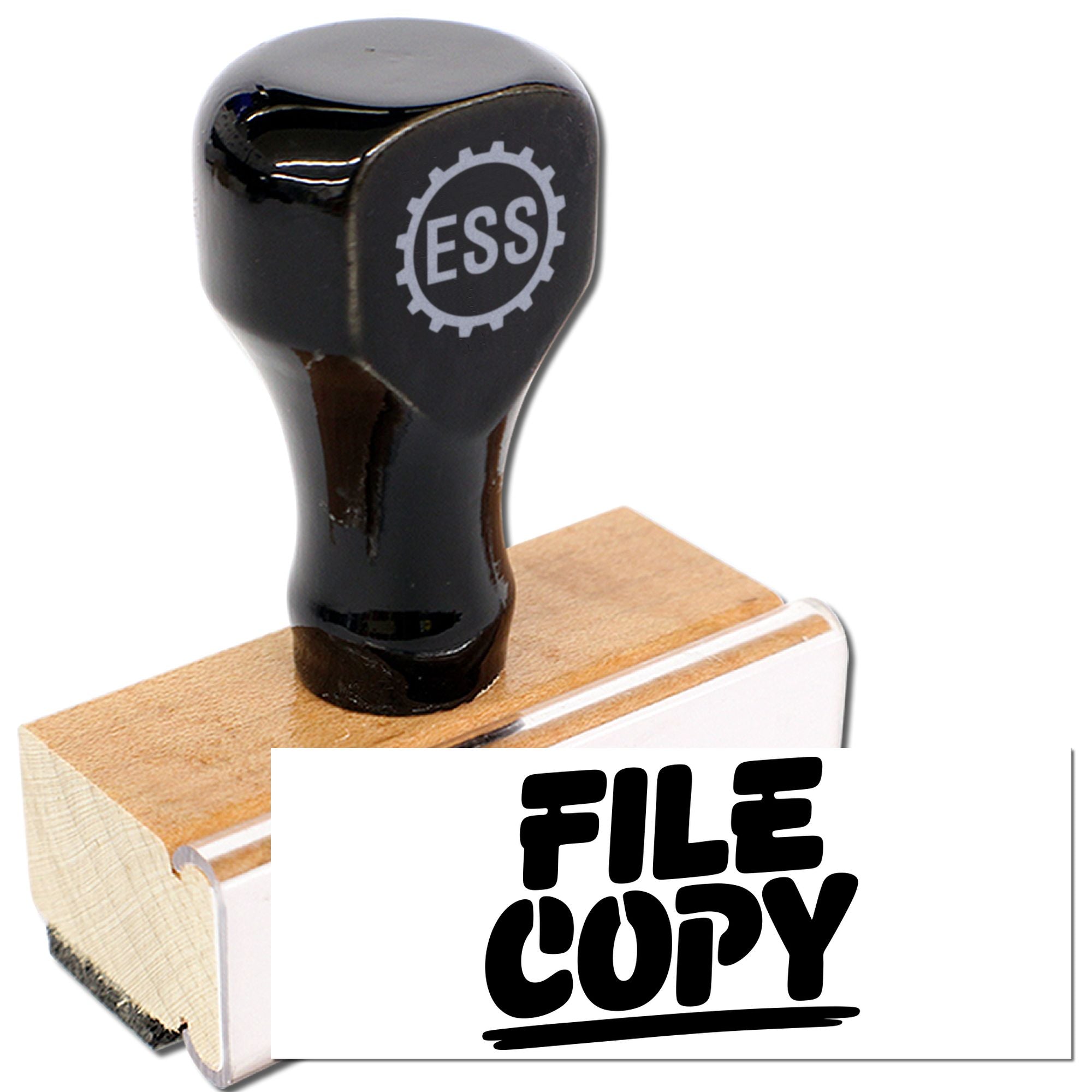 Black ESS rubber stamp on wooden base, showing a white FILE COPY seal for documents.