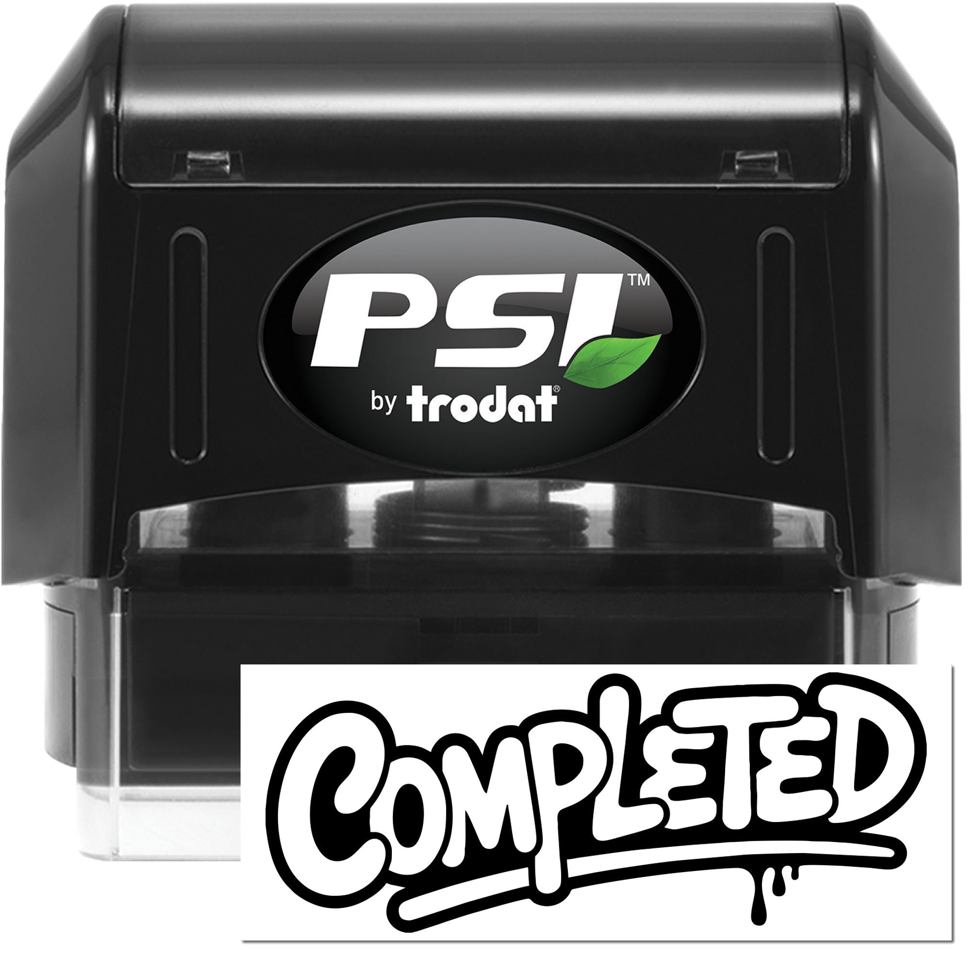 Black PSI by Trodat self-inking stamp and seal with green leaf logo and bold Completed imprint.