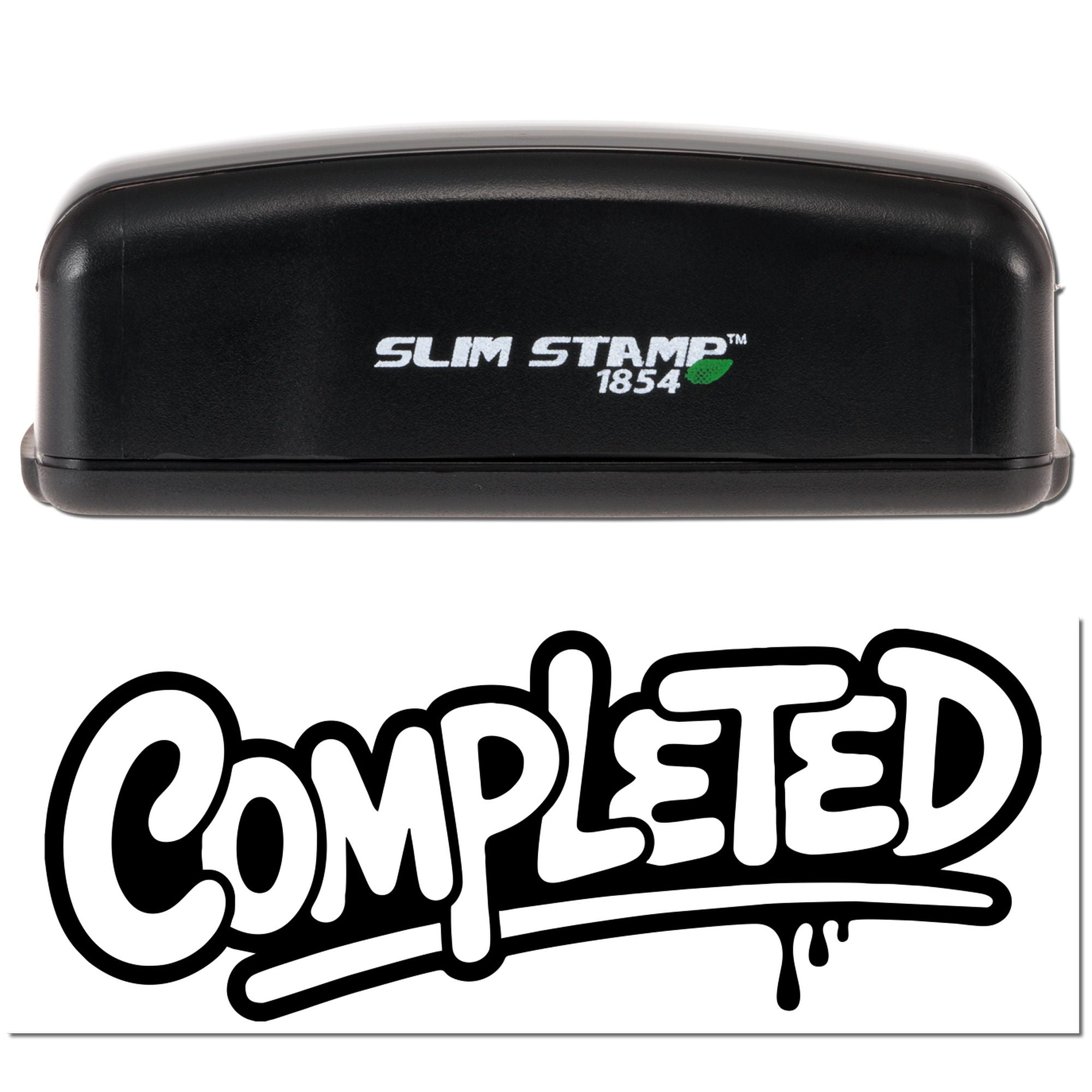 Black Slim Stamp 1854 self-inking stamp and seal with white logo, beside a bold black outlined Completed imprint.