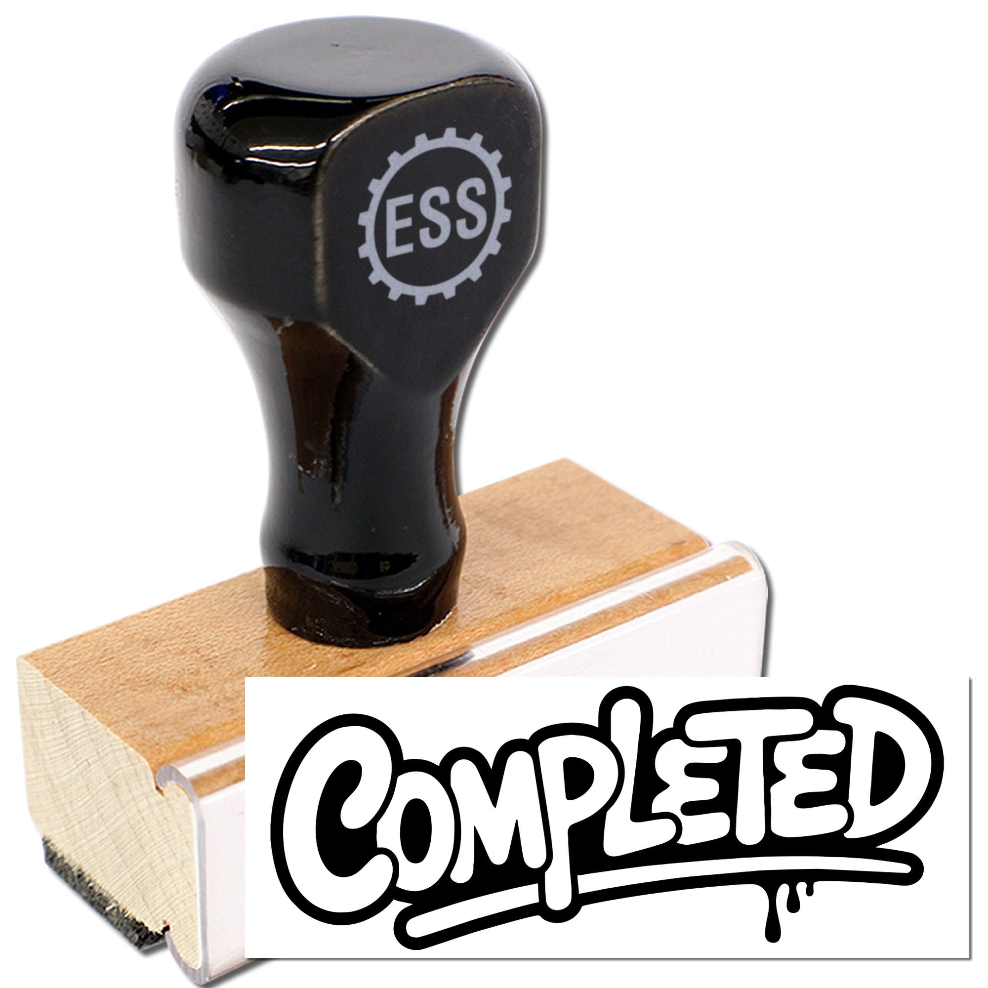 Black rubber stamp and seal with ESS logo on a wooden handle, marked COMPLETED in bold black and white.