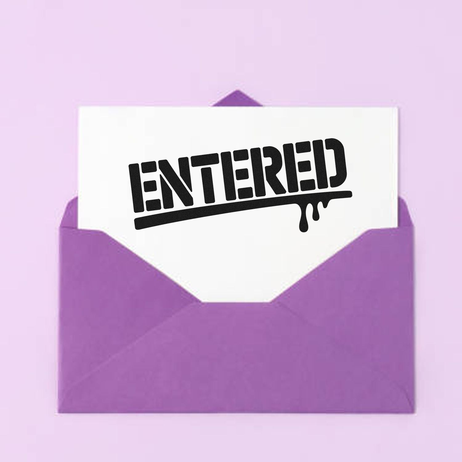 Purple envelope with white card and black ENTERED rubber stamp seal.