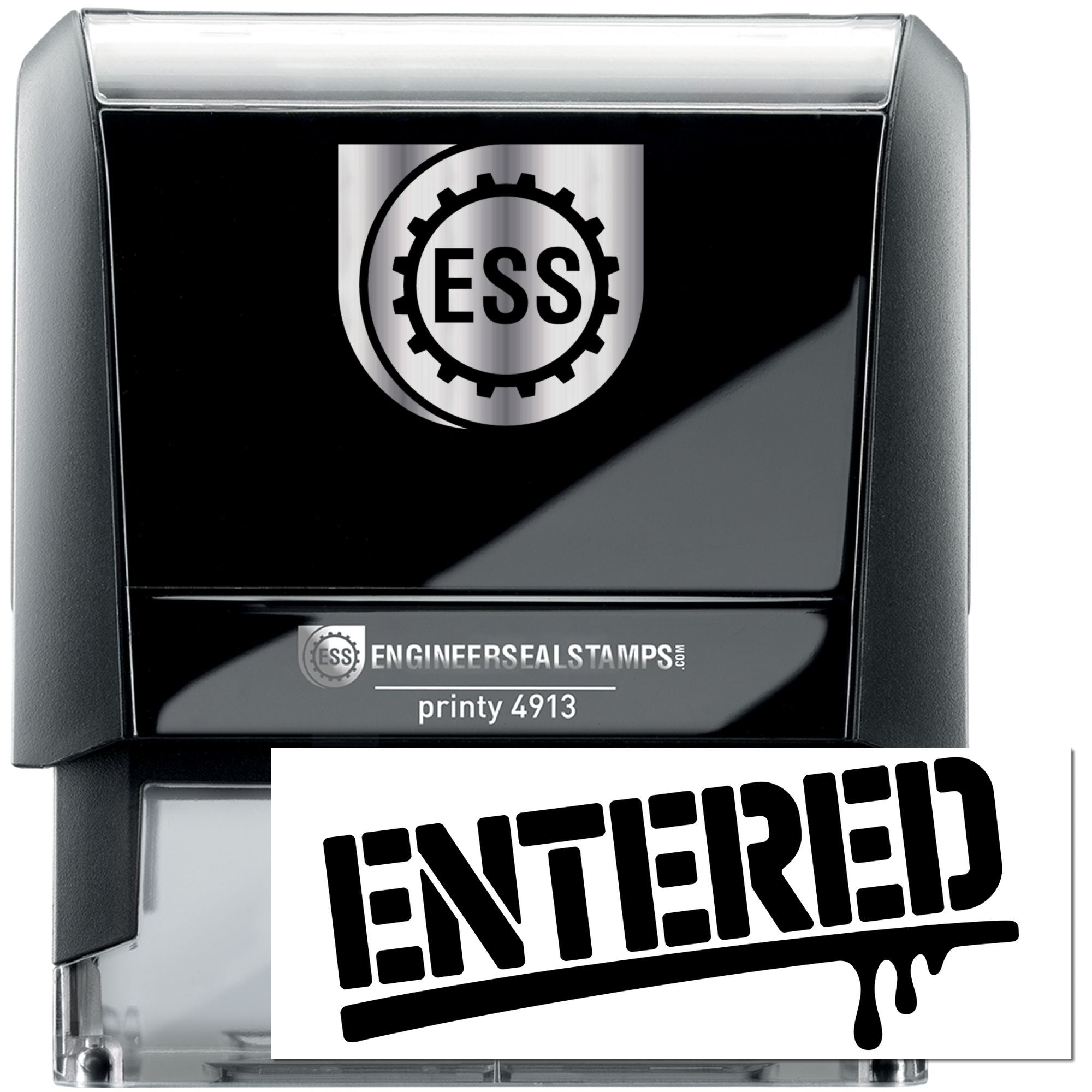 Black self-inking engineer seal stamp with ESS logo and bold ENTERED imprint on white background.