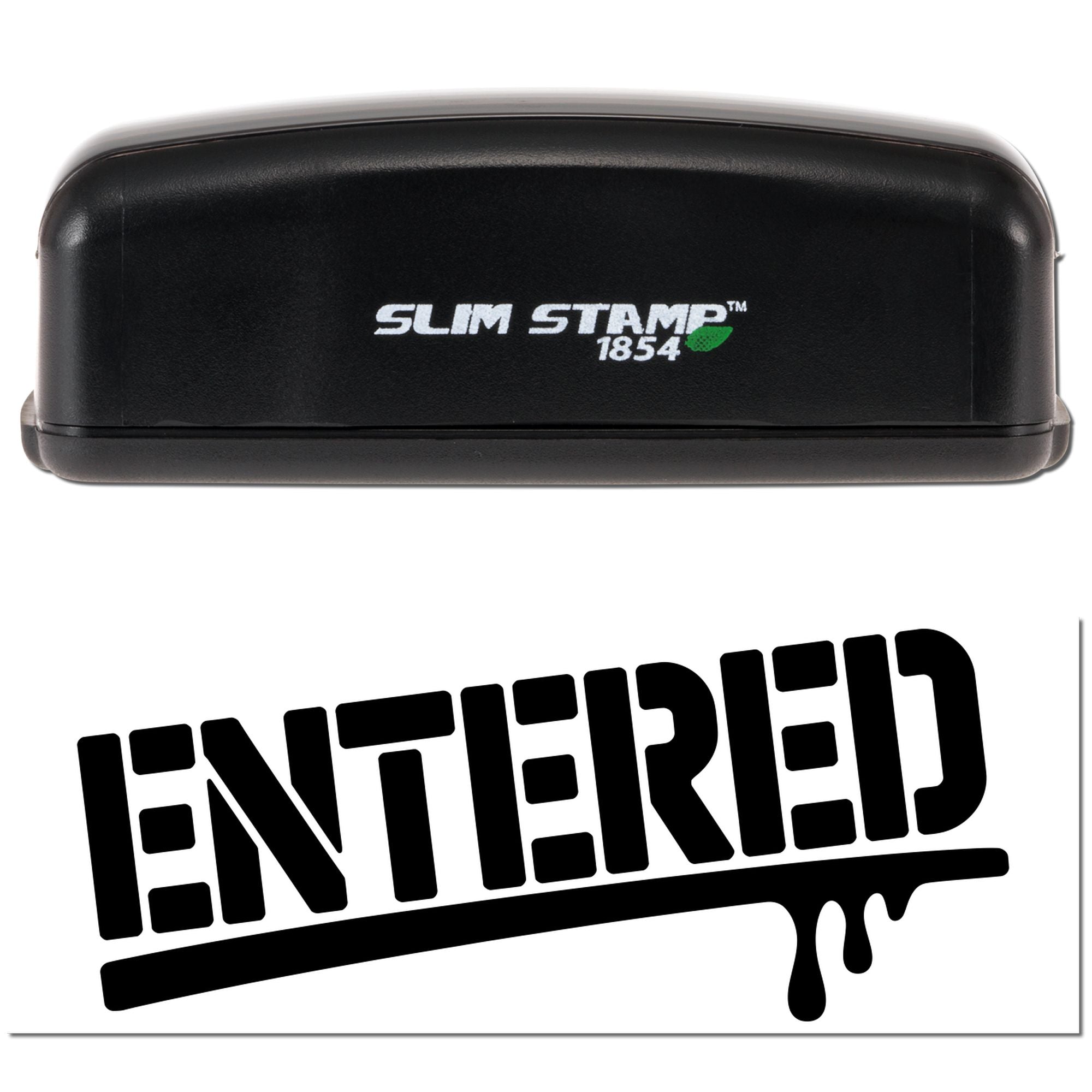 Black Slim Stamp 1854 self-inking stamp with white logo, green accent, and bold black ENTERED seal graphic.