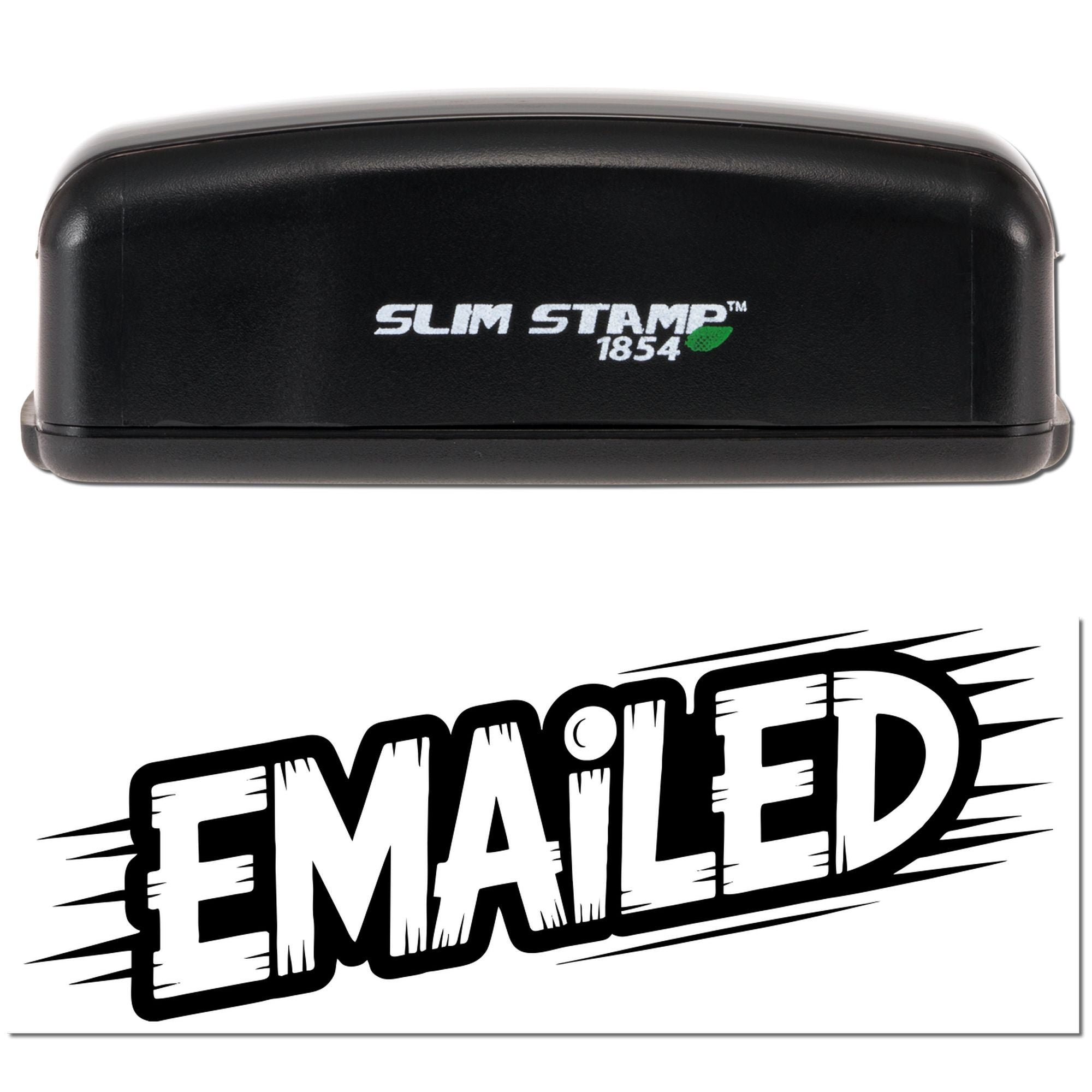 Black Slim Stamp 1854 stamp and seal set with bold black-and-white EMAILED imprint graphic on white background.
