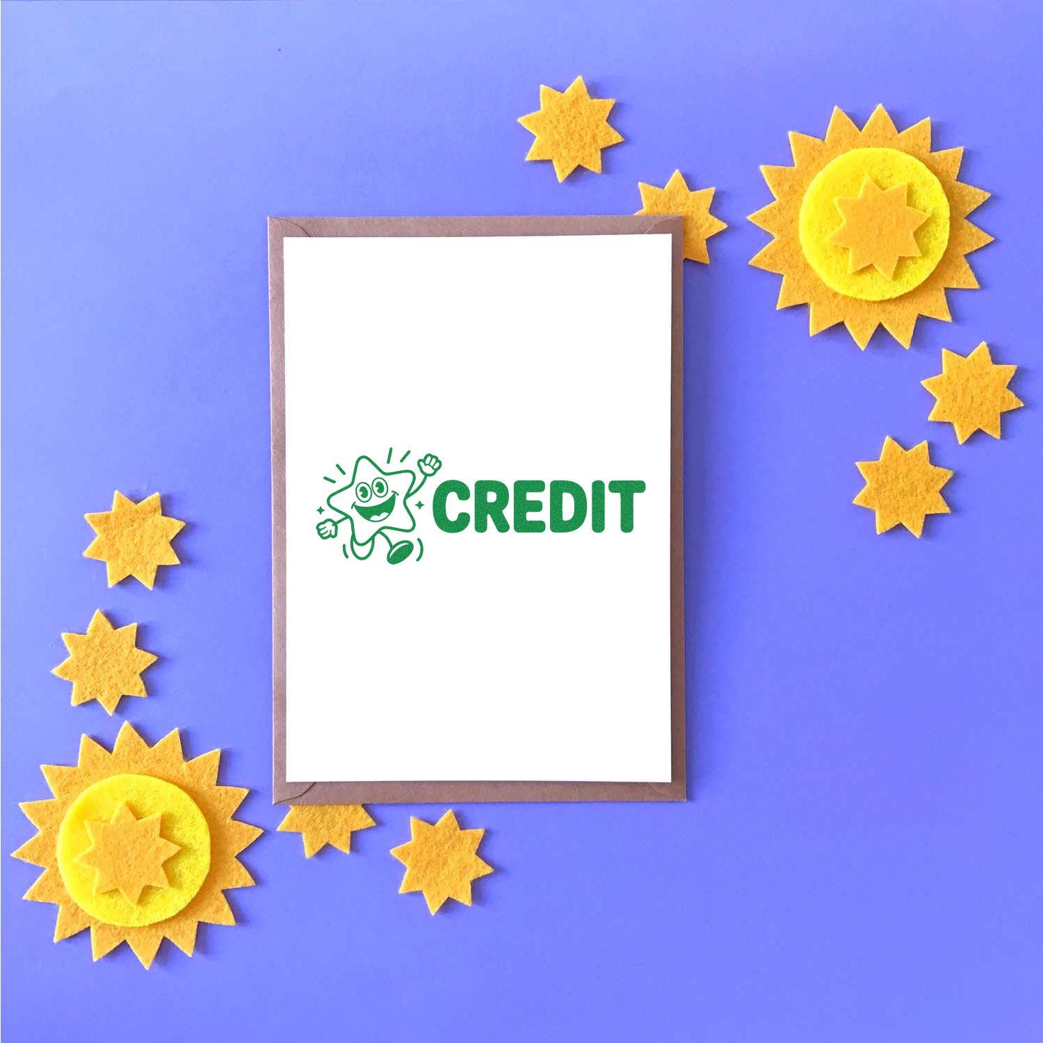 White card with green CREDIT stamp, framed by yellow star-shaped seal accents on a purple background.