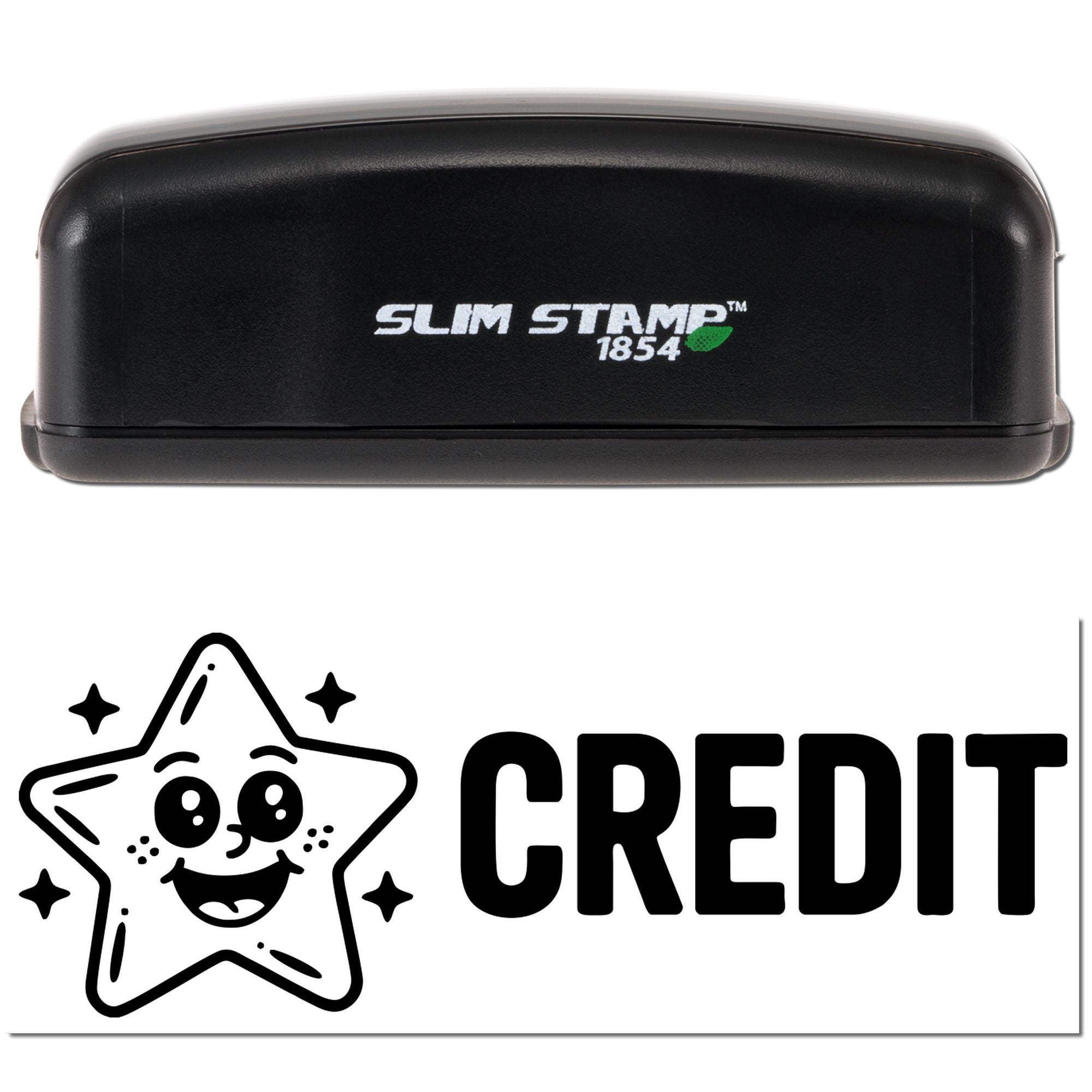 Black Slim Stamp 1854 self-inking stamp and CREDIT star seal logo on white background.