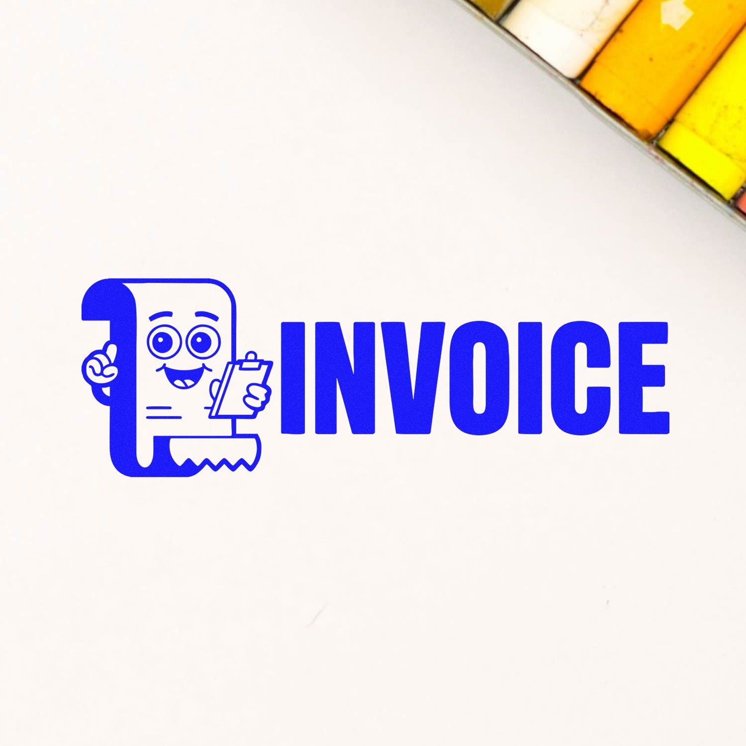 Blue invoice stamp and seal design with cartoon invoice character on white background and yellow color swatches.