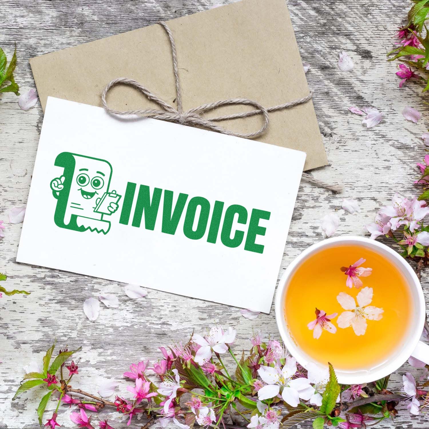 Green invoice stamp and seal on white card over kraft envelope tied with twine, with blossoms and tea cup.