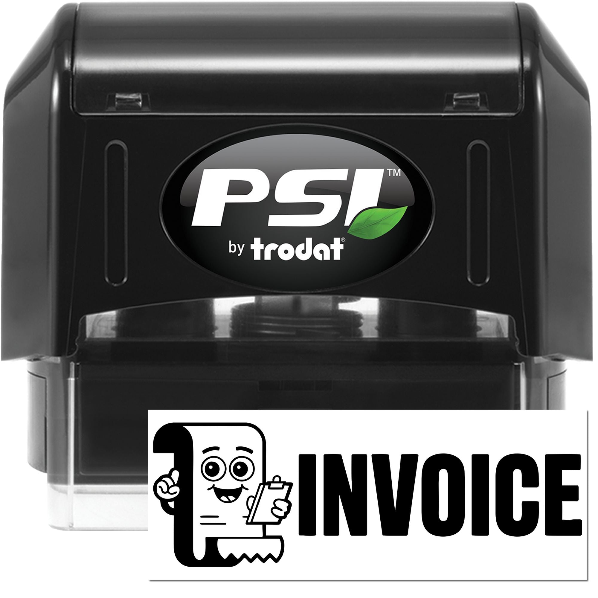 Black PSI by Trodat self-inking stamp and seal with clear base, green leaf logo, and invoice icon.