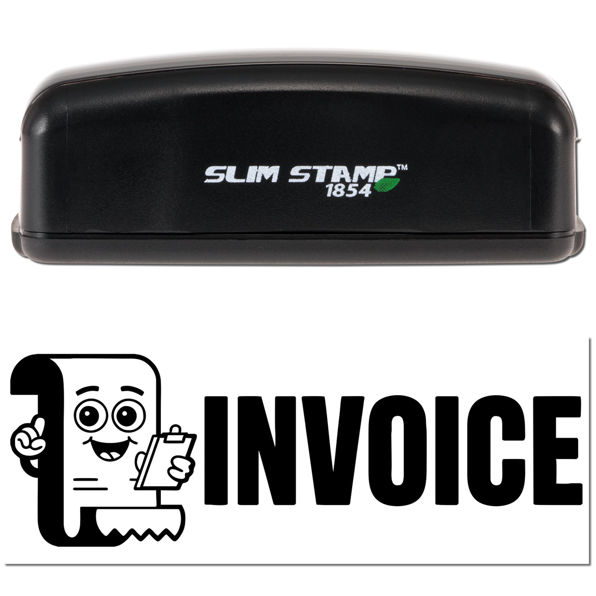 Black Slim Stamp 1854 stamp and seal with white logo and green accent above black INVOICE graphic.