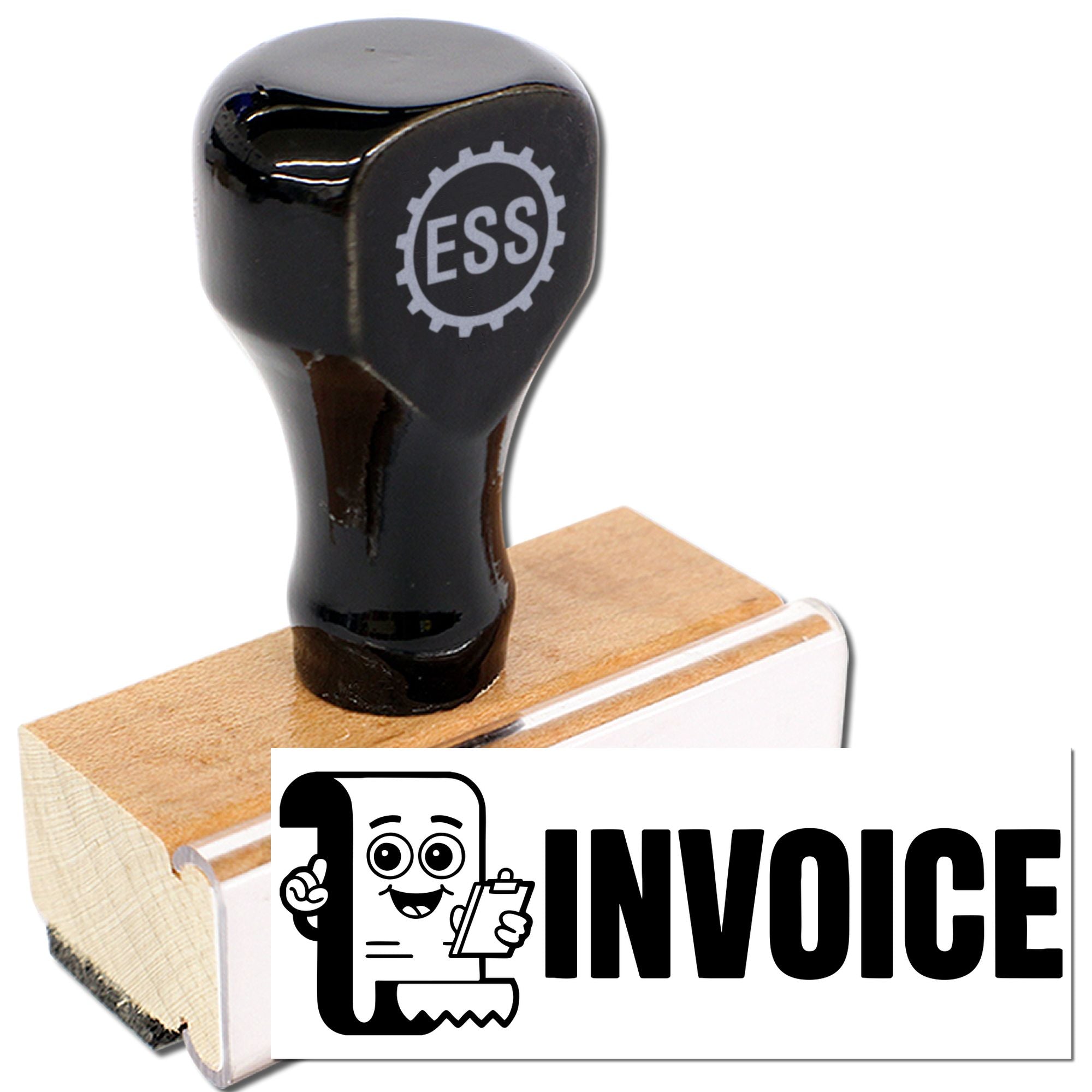 Black rubber invoice stamp with wooden handle and white INVOICE seal label