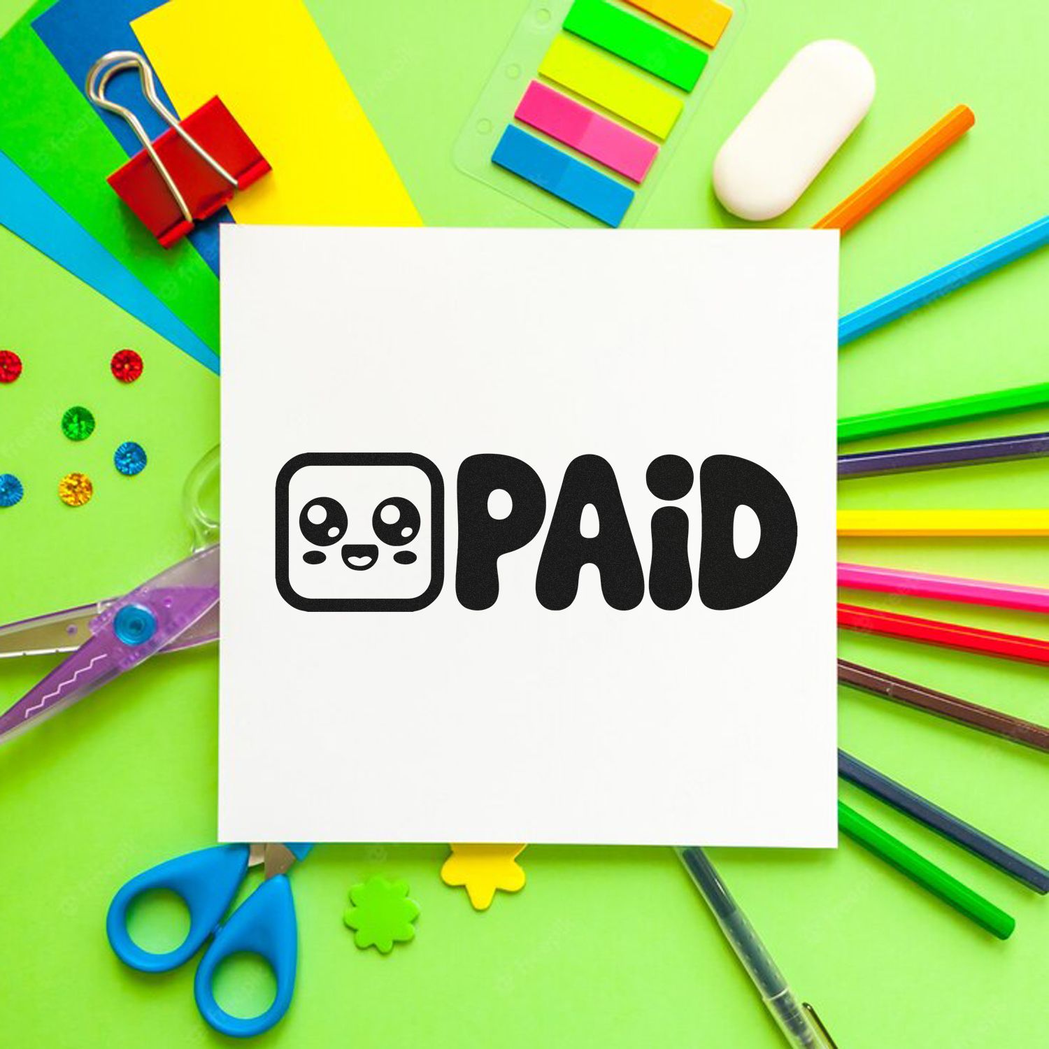 Black PAID stamp and seal logo on white card, with colorful stationery on bright green background.