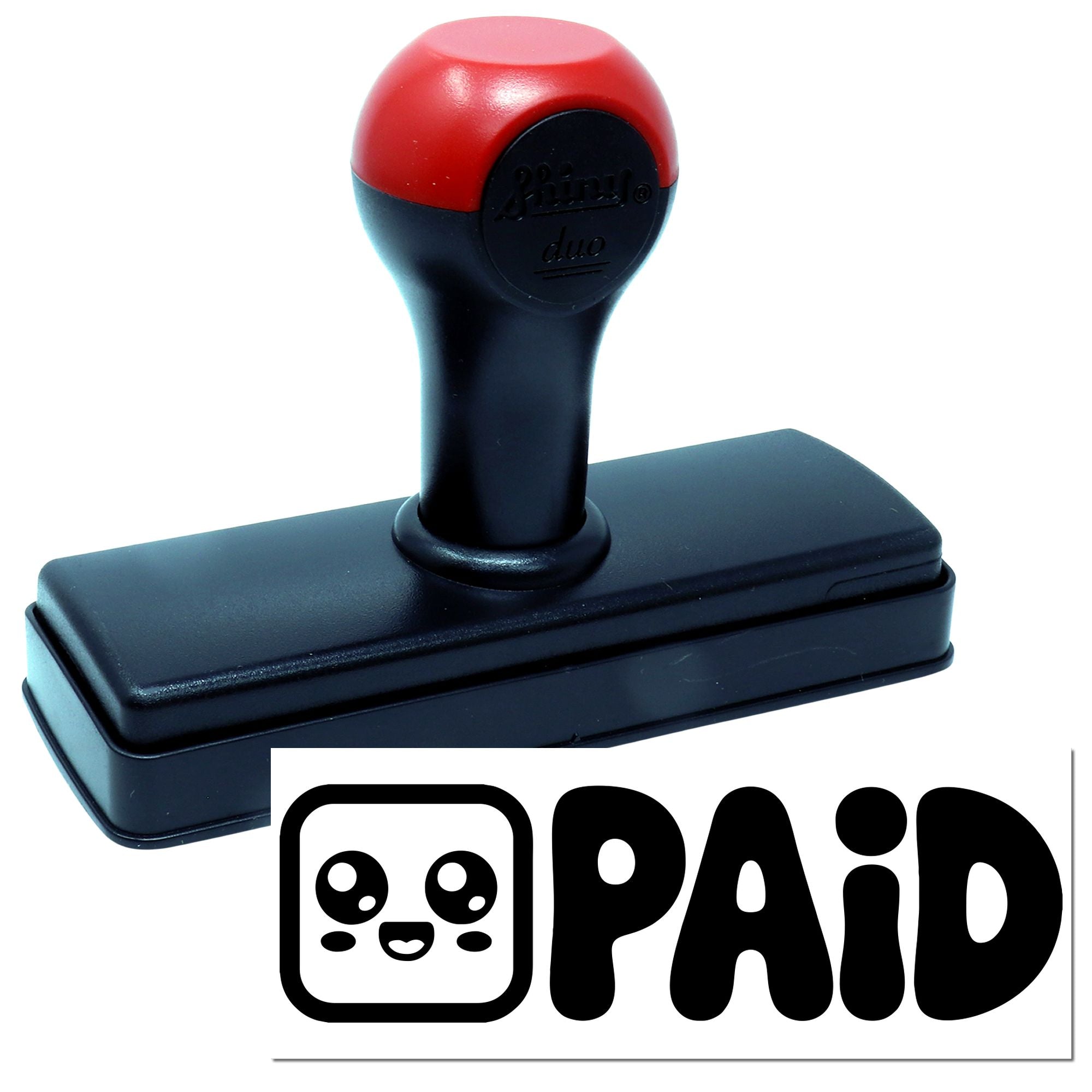 Red and black self-inking rubber stamp with PAID seal logo on white background
