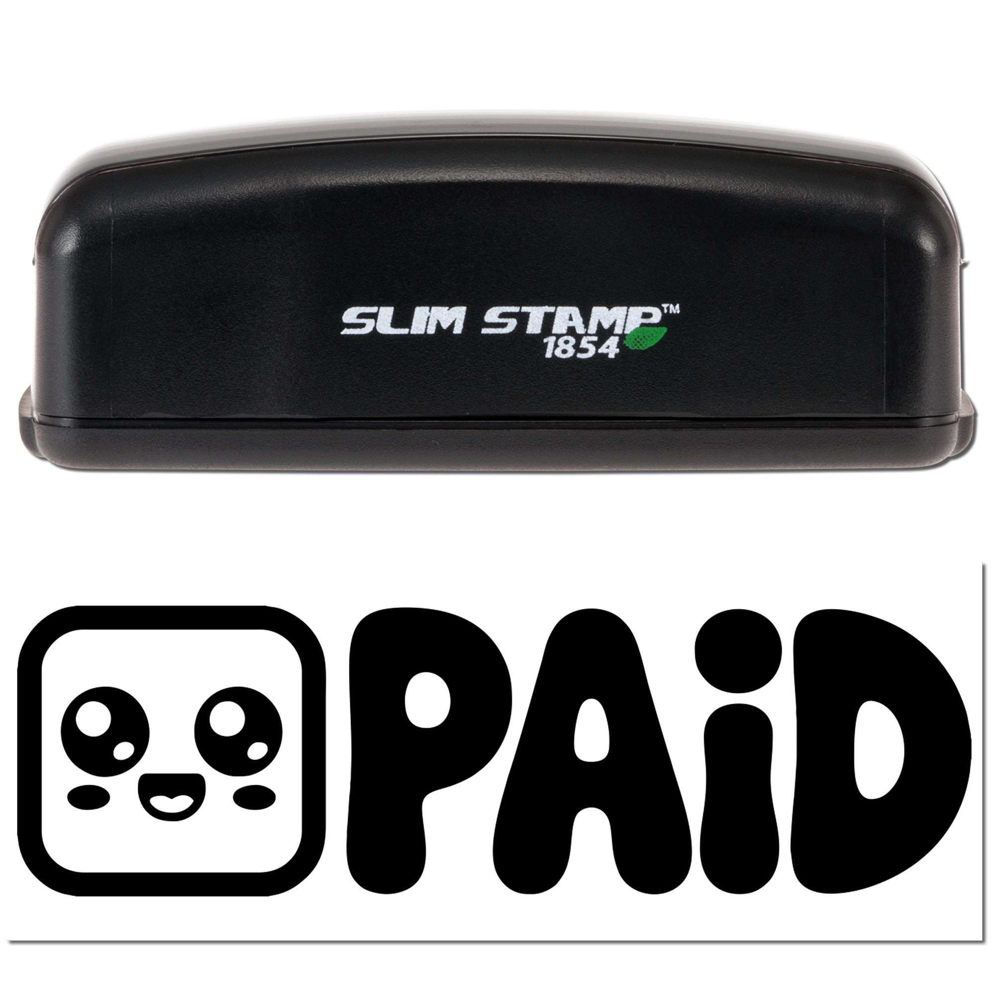 Black Slim Stamp 1854 self-inking stamp with bold PAID seal logo in black and white, plus green leaf accent on white background.