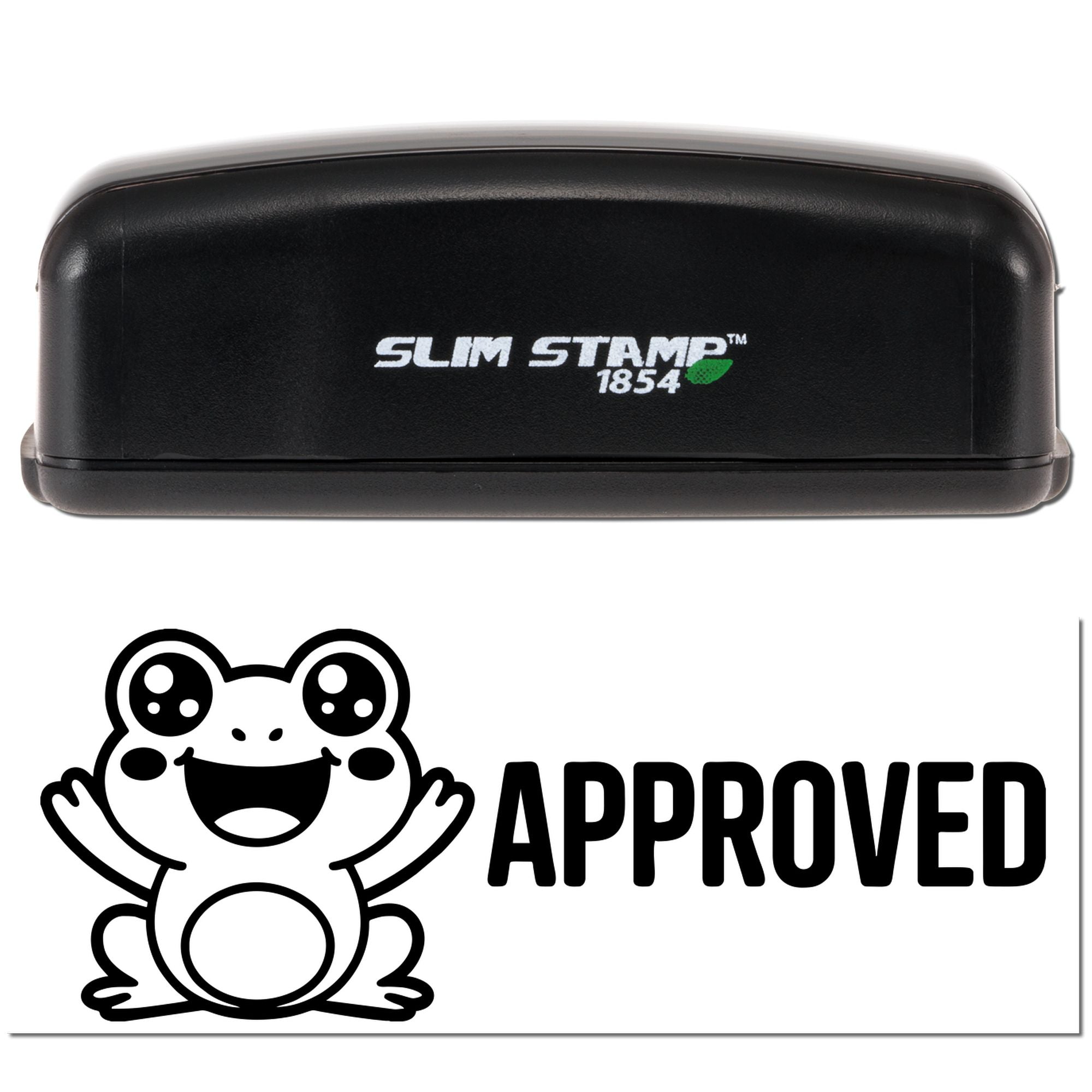 Black Slim Stamp 1854 stamp with green accent and frog APPROVED seal on a white background.