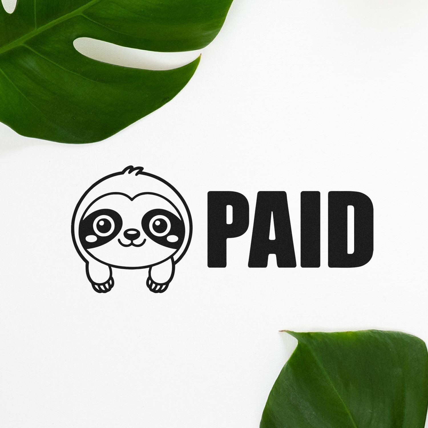 Black PAID stamp with cute sloth seal, framed by green leaves on white background.