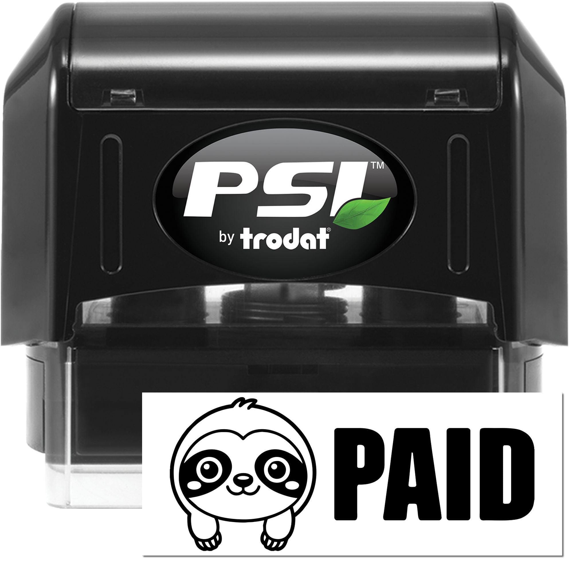 Black PSI by Trodat self-inking stamp and seal set with white PAID card and panda logo.