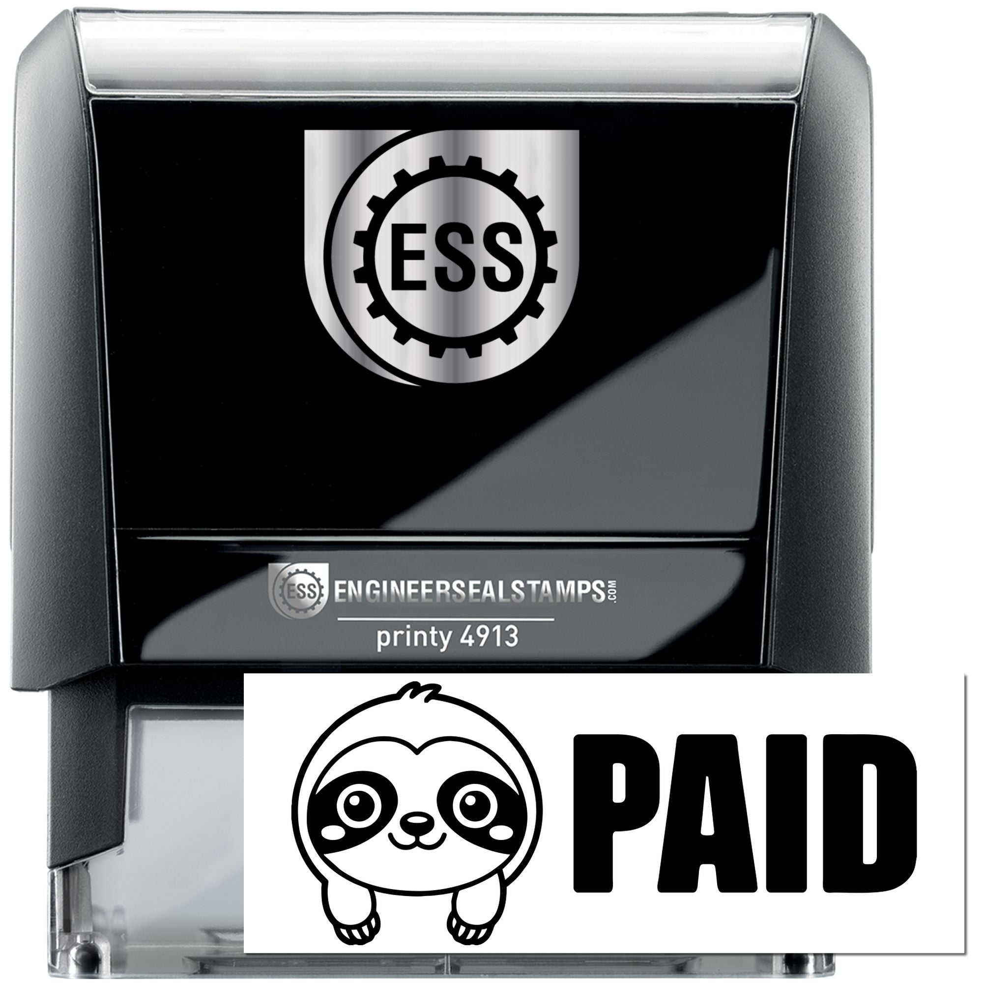 Black self-inking ESS stamp and seal set with silver accents, featuring a round gear logo and PAID seal.