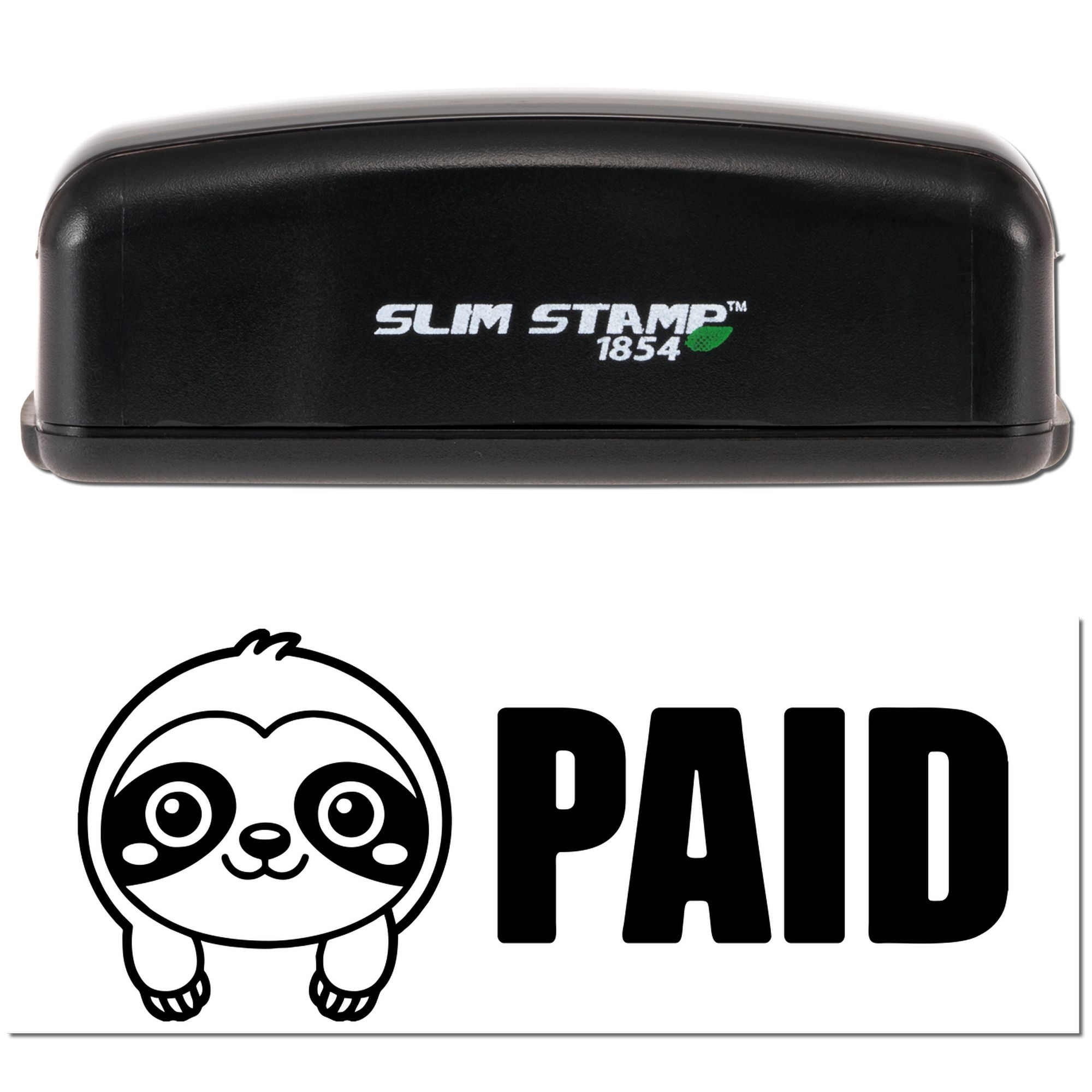 Black Slim Stamp 1854 handheld stamp above a black-and-white PAID seal with panda graphic