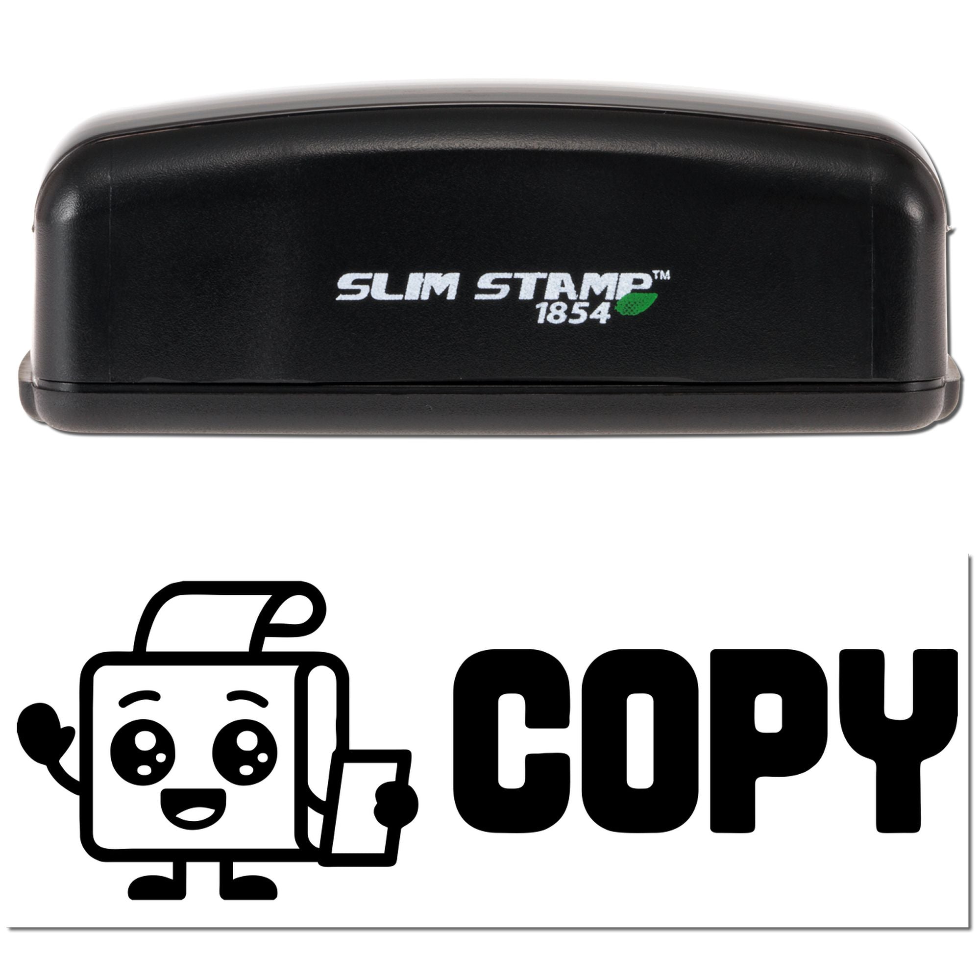 Black Slim Stamp 1854 stamp case with green accent above bold black COPY seal and cartoon copier icon on white background.