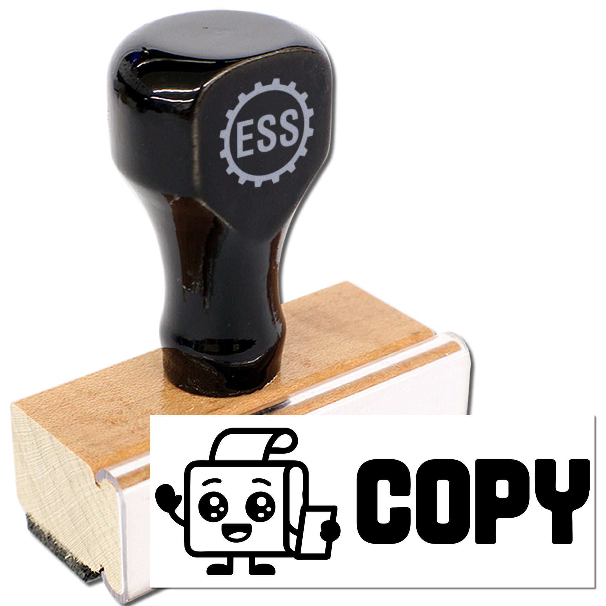 Black ESS seal stamp on wooden block, with white COPY logo and cartoon icon.