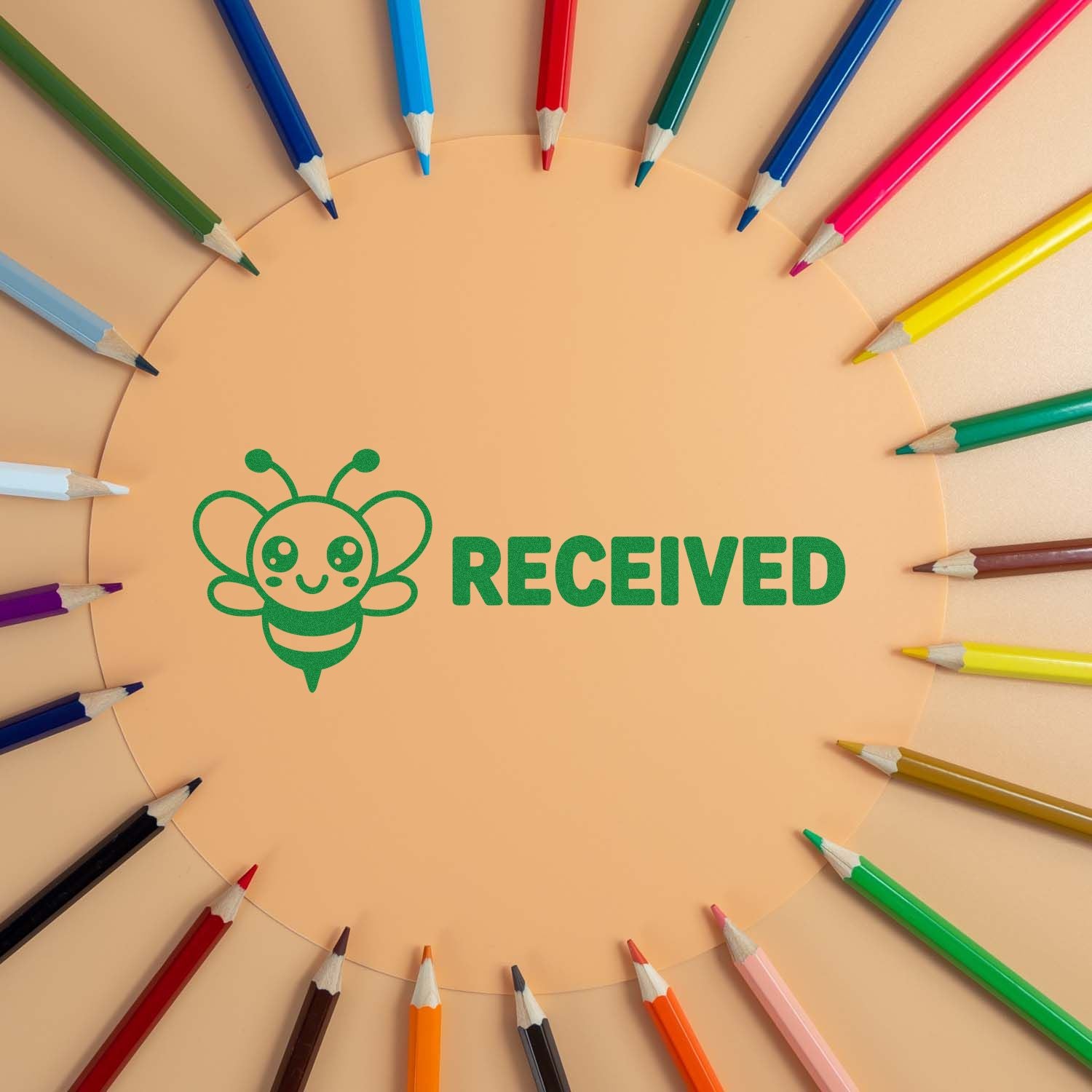 Green RECEIVED stamp seal with bee icon on beige paper, surrounded by colorful pencils.