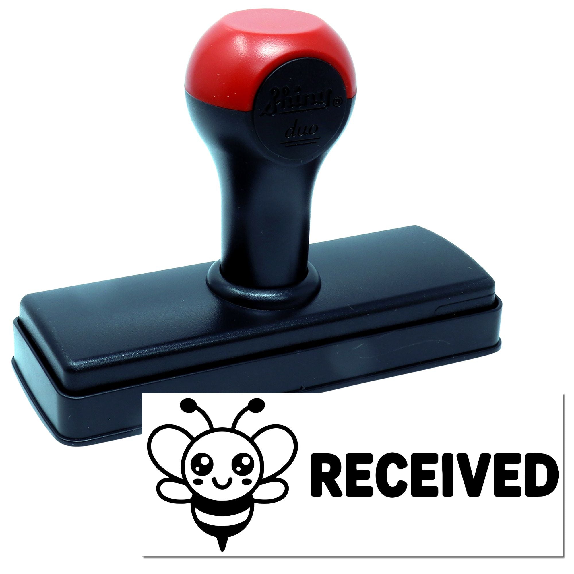 Red and black self-inking rubber stamp with bee icon and bold RECEIVED seal imprint