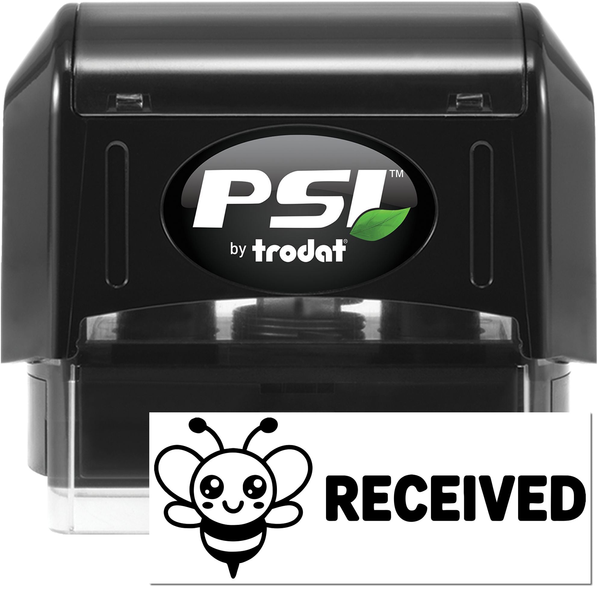 Black PSI by Trodat self-inking stamp with green leaf logo and white RECEIVED seal featuring a bee icon.