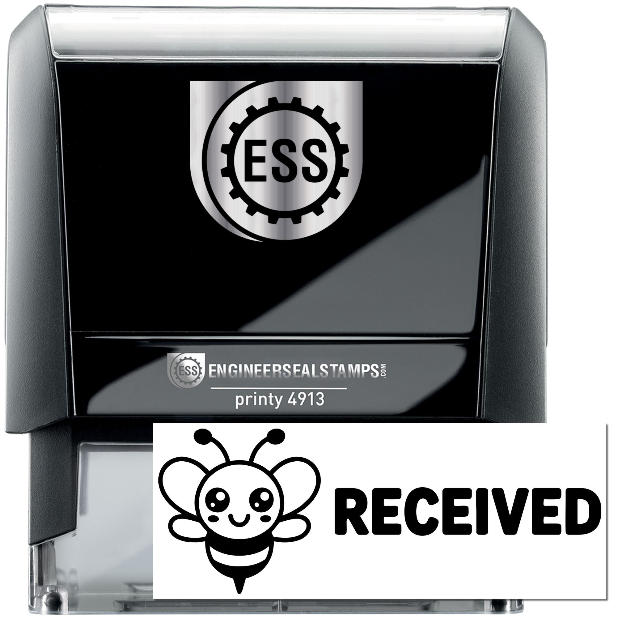 Black self-inking ESS stamp and seal with silver logo, plus white Received bee stamp insert.