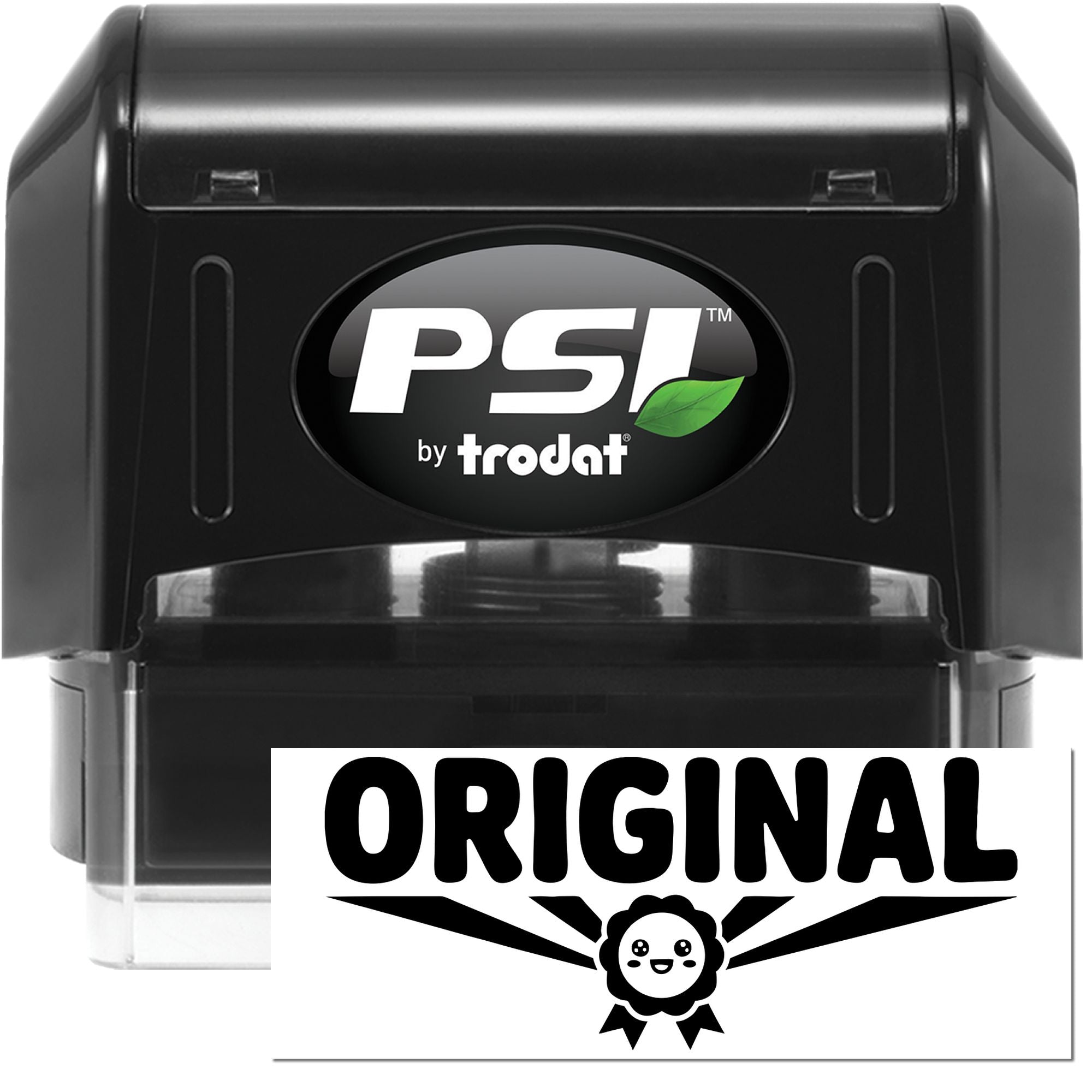 Black PSI by Trodat self-inking stamp and seal with clear cover, green leaf logo, and bold ORIGINAL seal graphic.