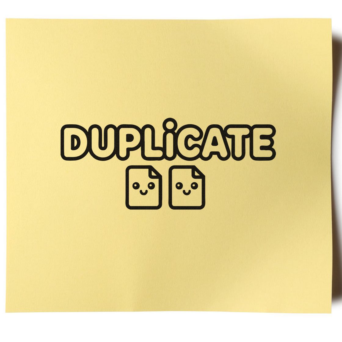 Yellow duplicate stamp seal with bold black lettering and two smiling document icons.