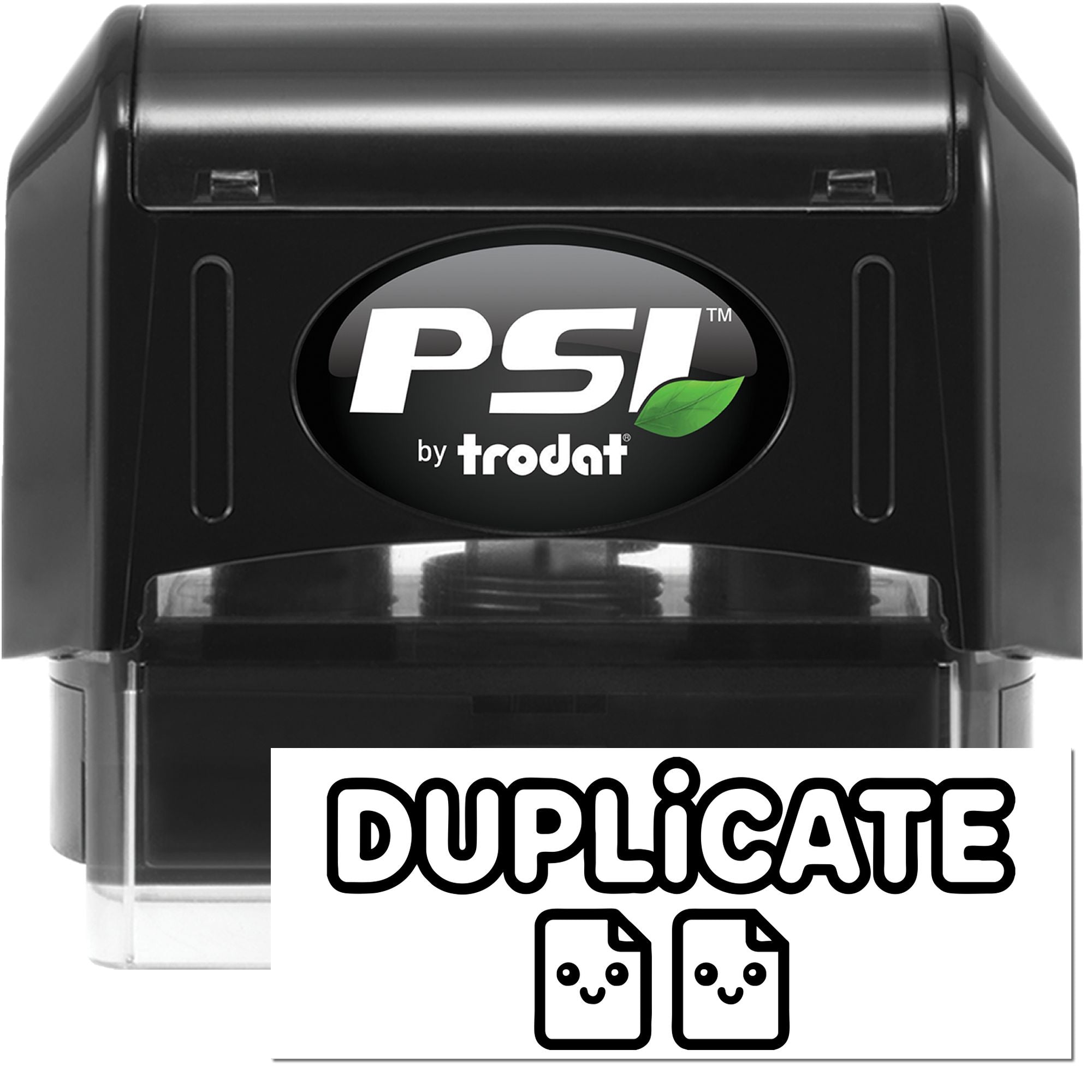Black PSI by Trodat self-inking stamp with green logo and DUPLICATE seal label