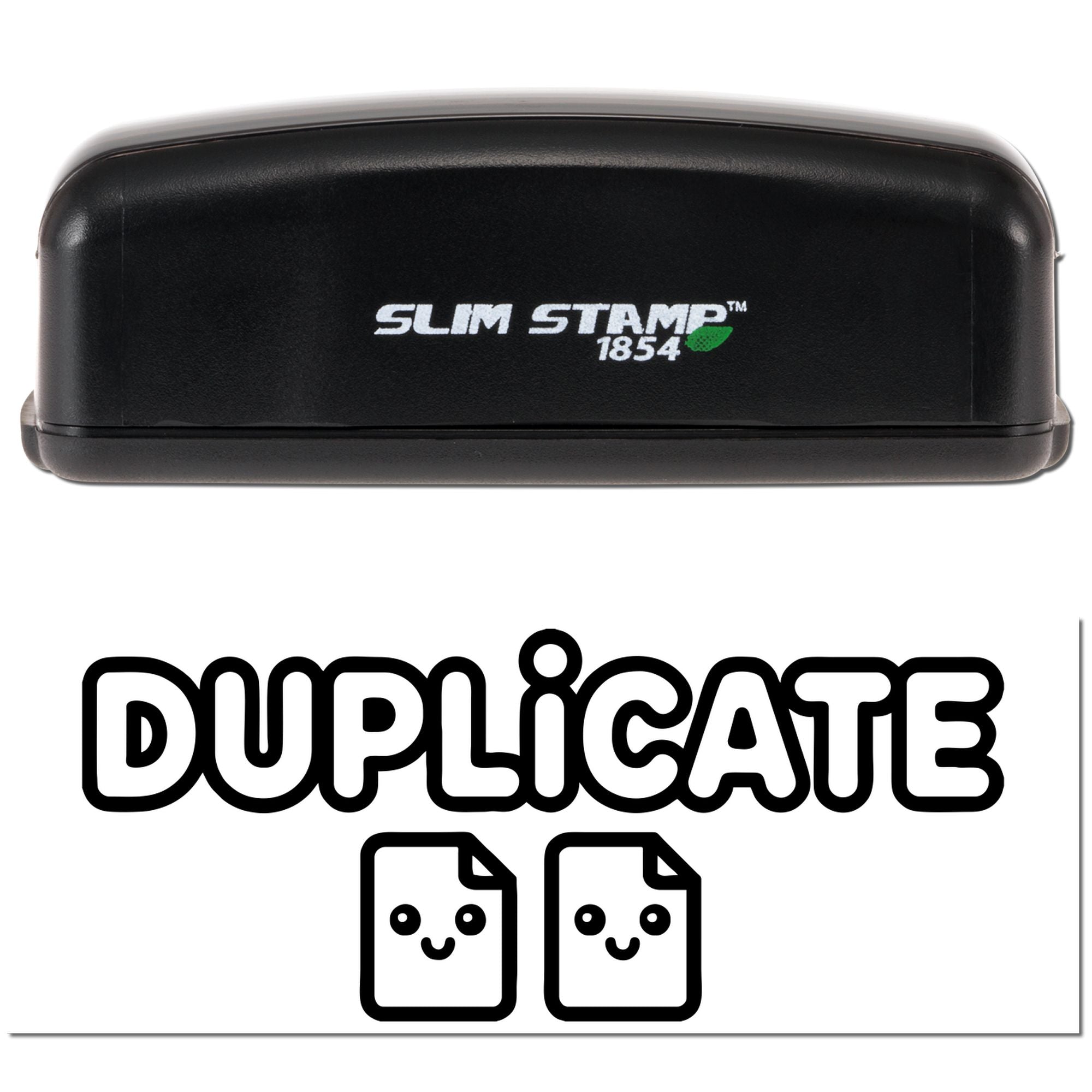 Black Slim Stamp 1854 stamp and seal in black with white logo, green leaf accent, and bold Duplicate text with two document icons.