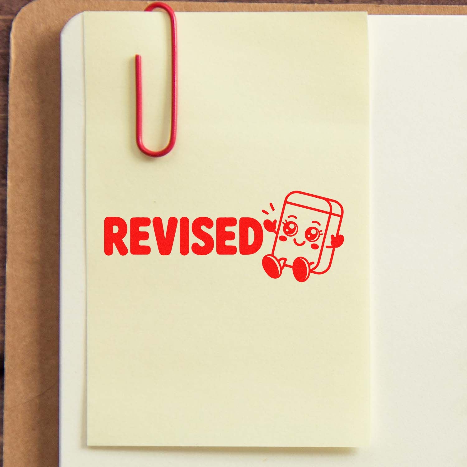 Cream notepad with red paperclip and bold red REVISED stamp seal featuring a cute cartoon character.